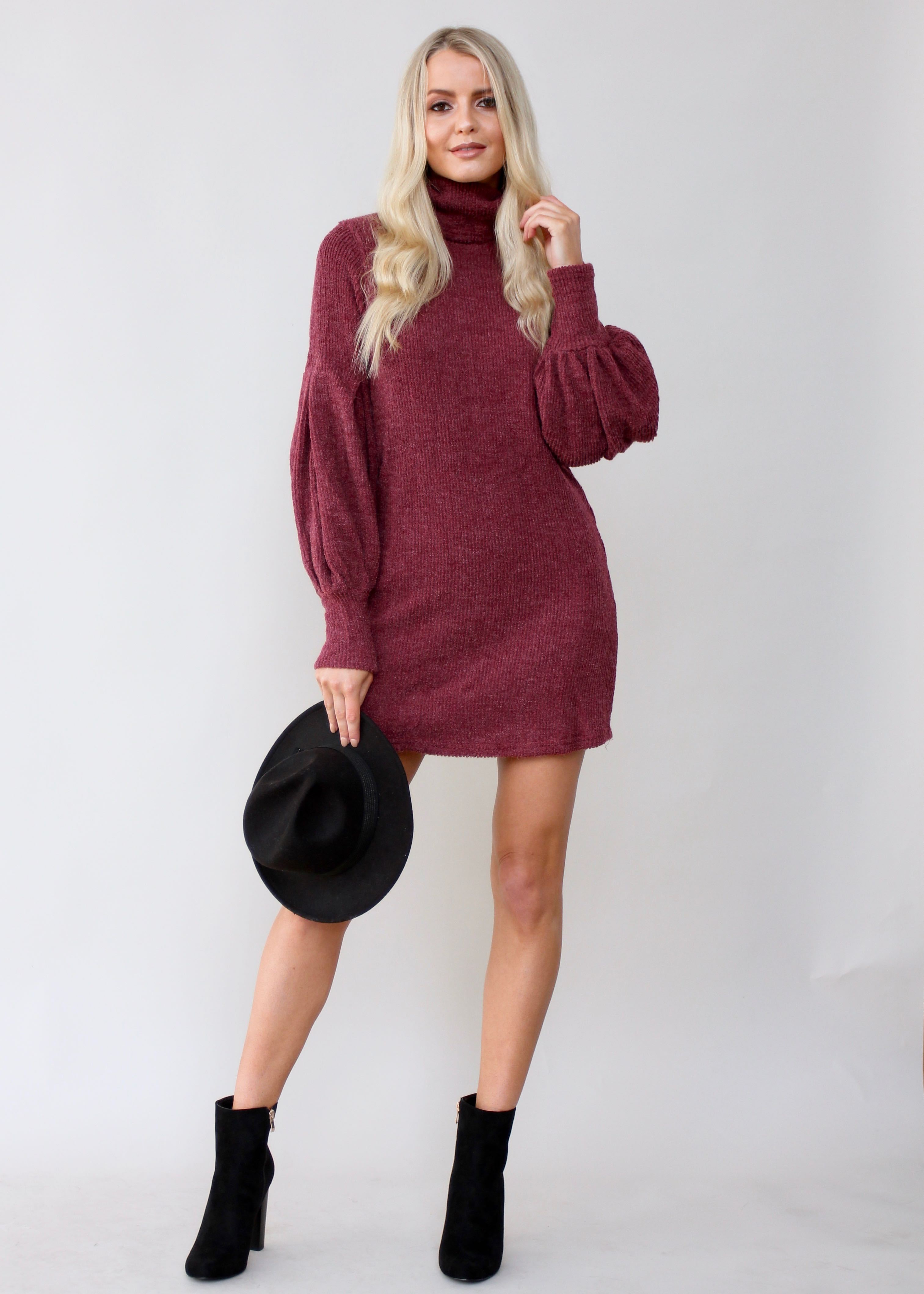 Ayana Roll Neck Knit Dress - Wine