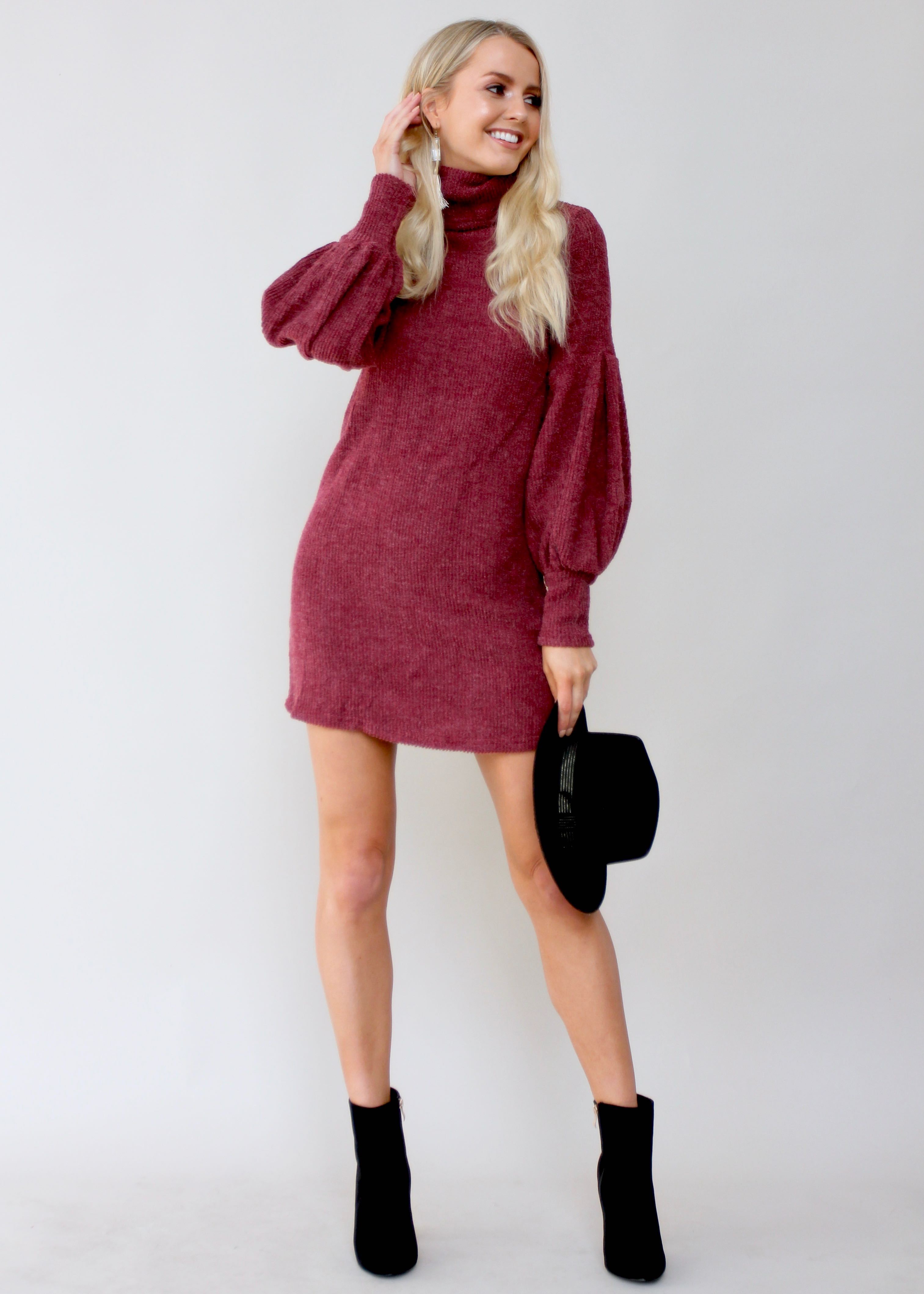 Ayana Roll Neck Knit Dress - Wine