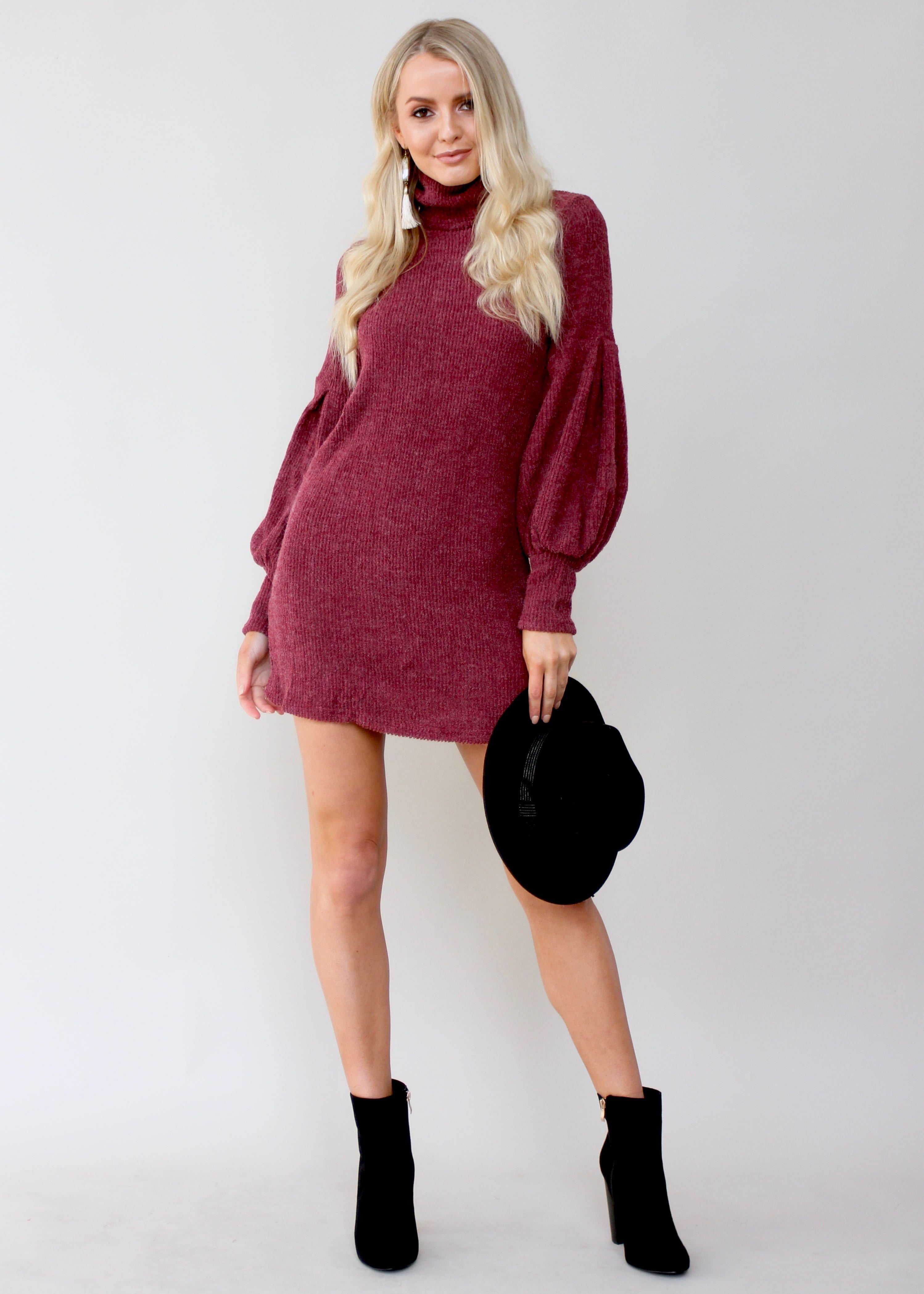 Ayana Roll Neck Knit Dress - Wine