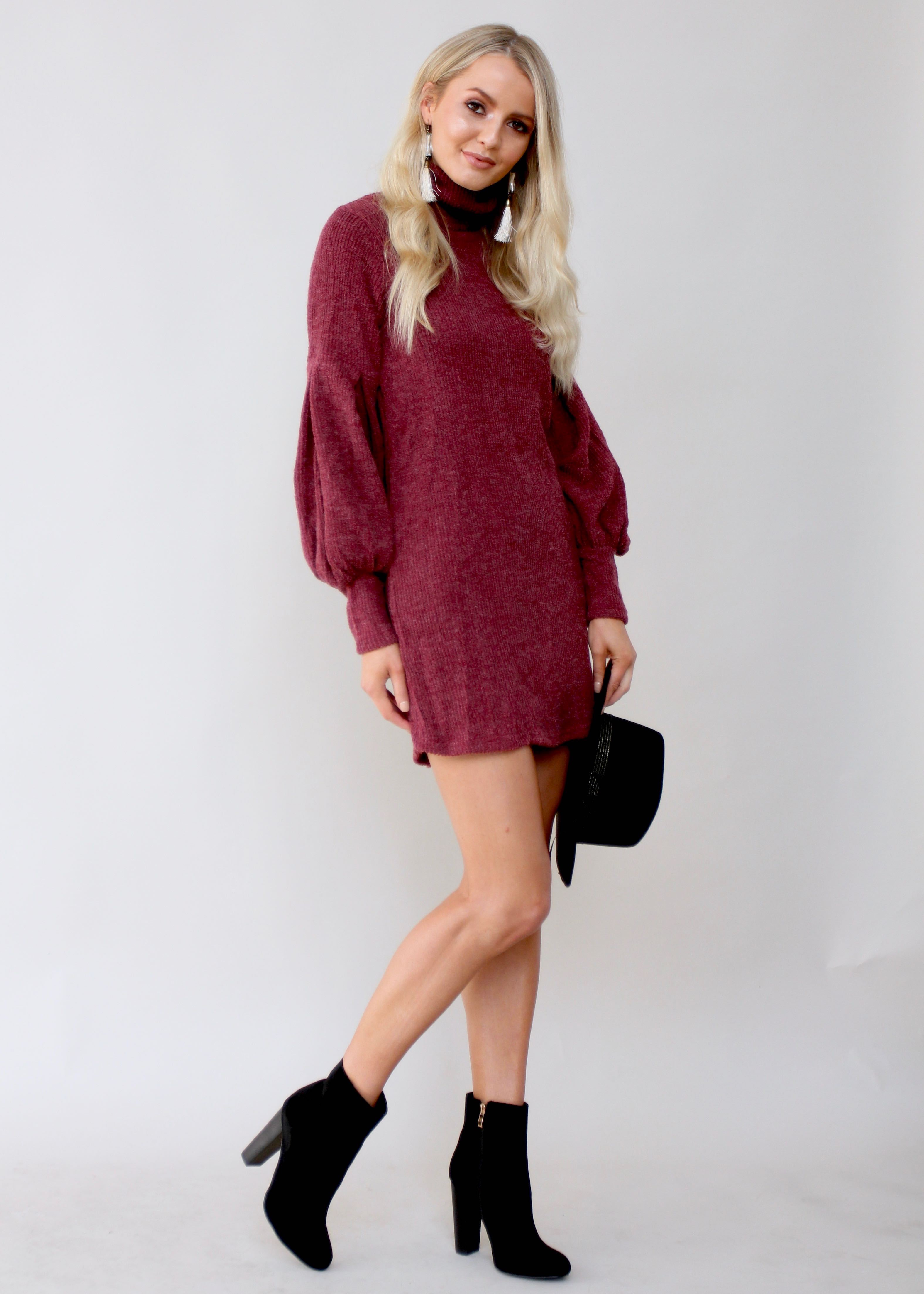 Ayana Roll Neck Knit Dress - Wine