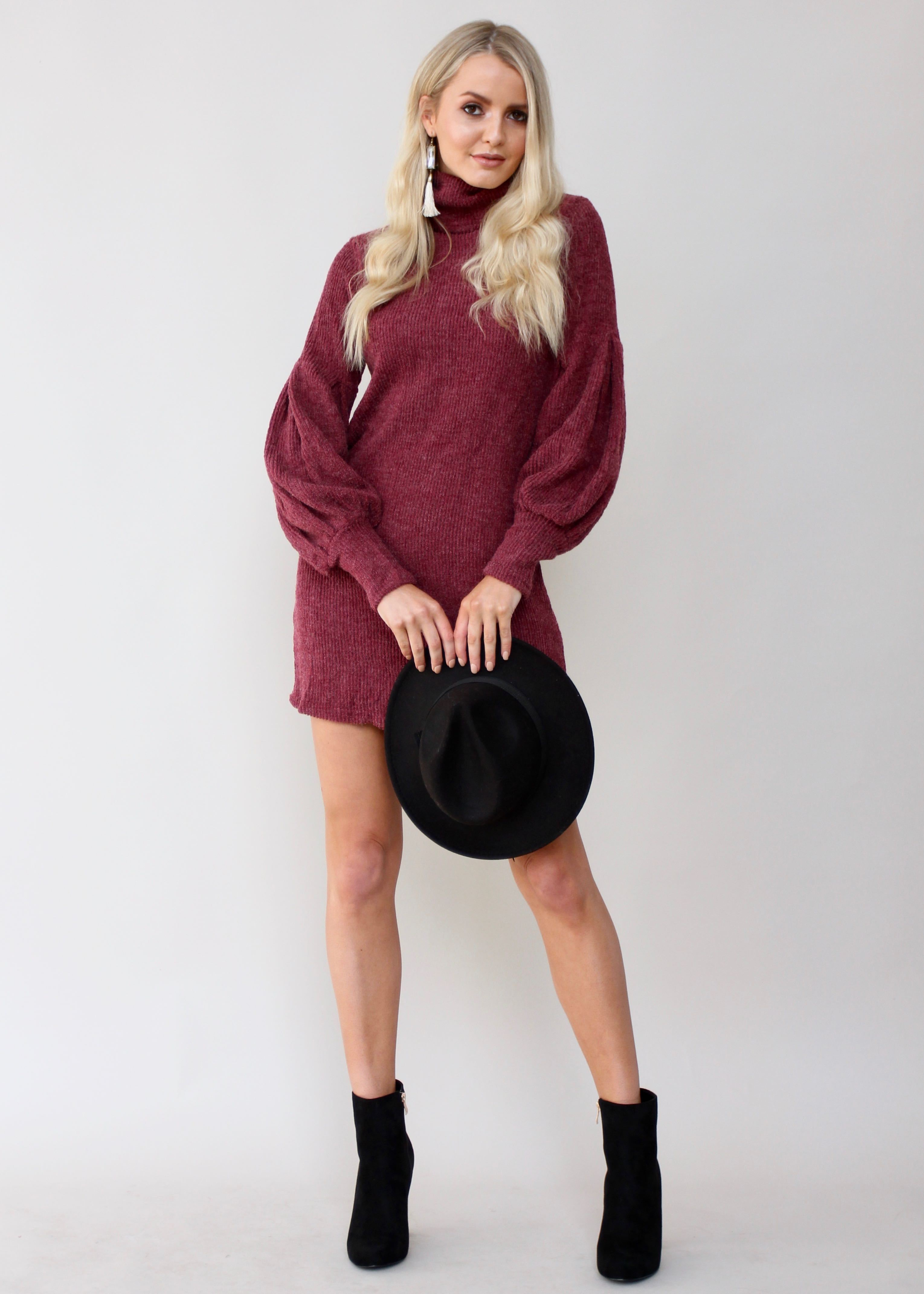 Ayana Roll Neck Knit Dress - Wine