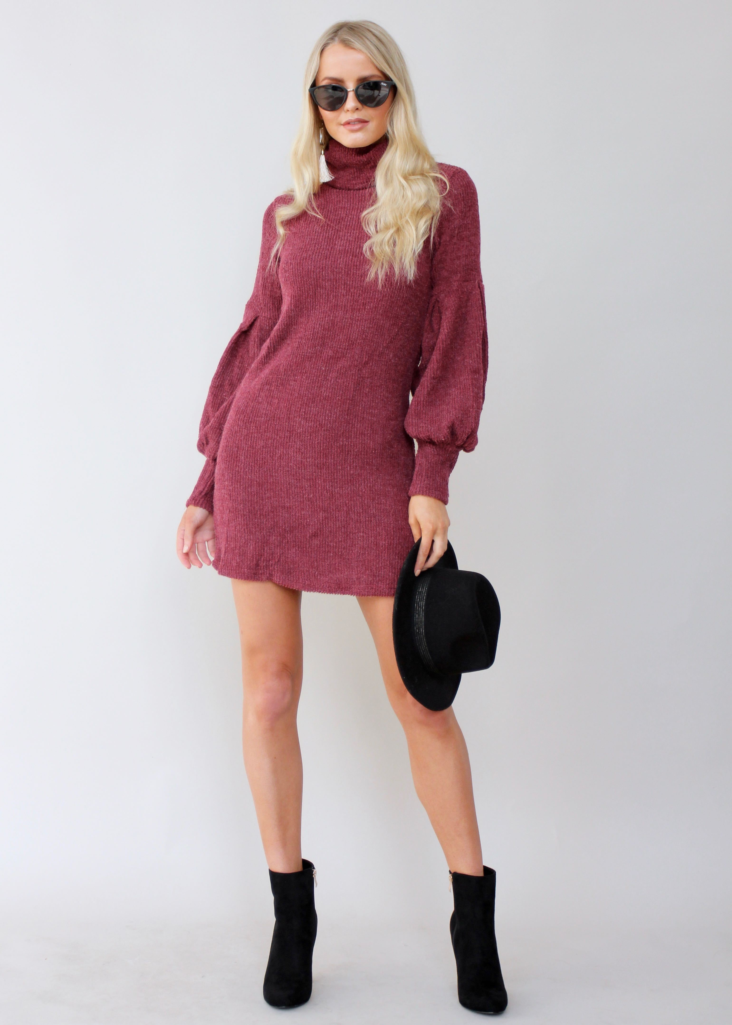 Ayana Roll Neck Knit Dress - Wine