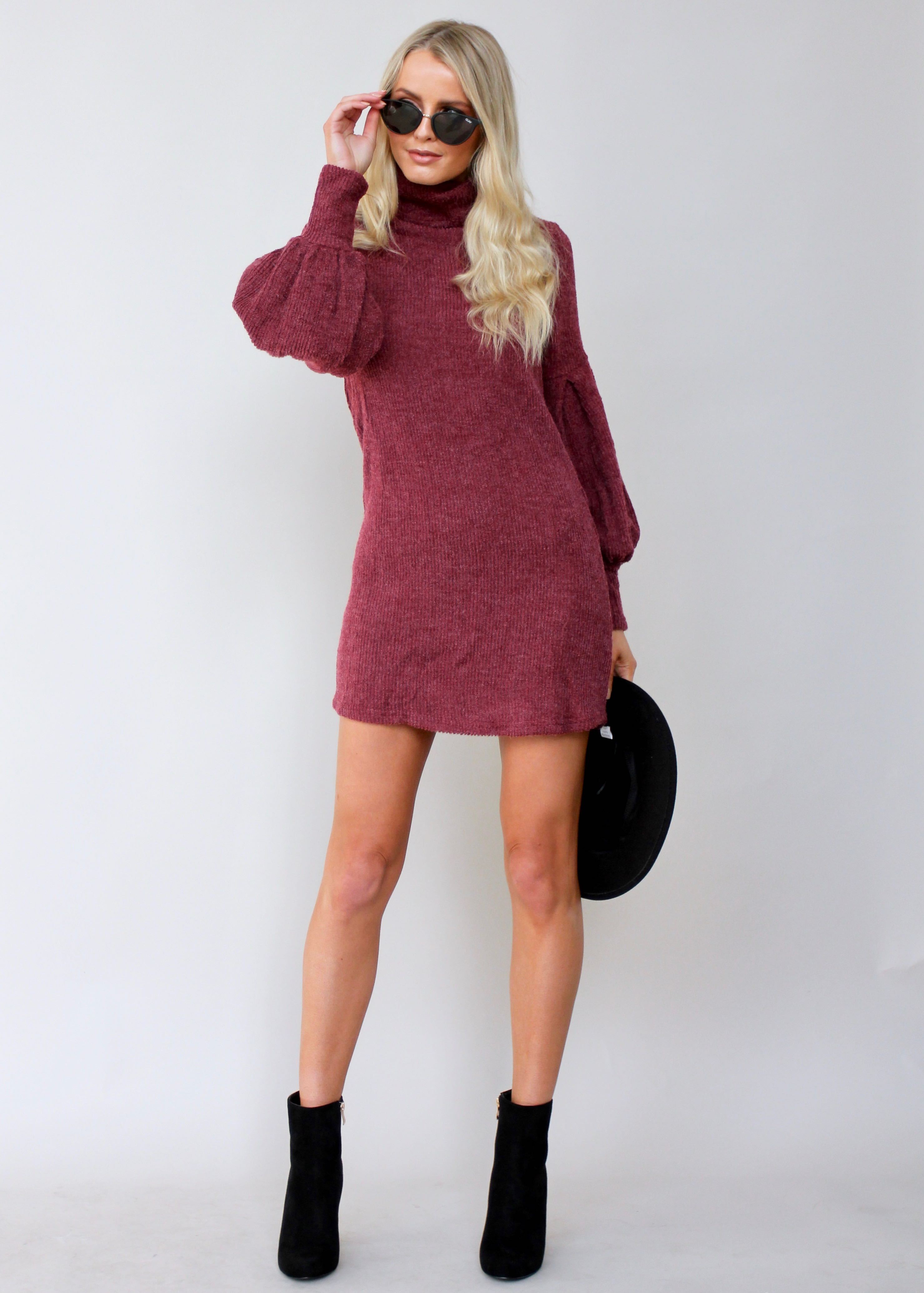 Ayana Roll Neck Knit Dress - Wine