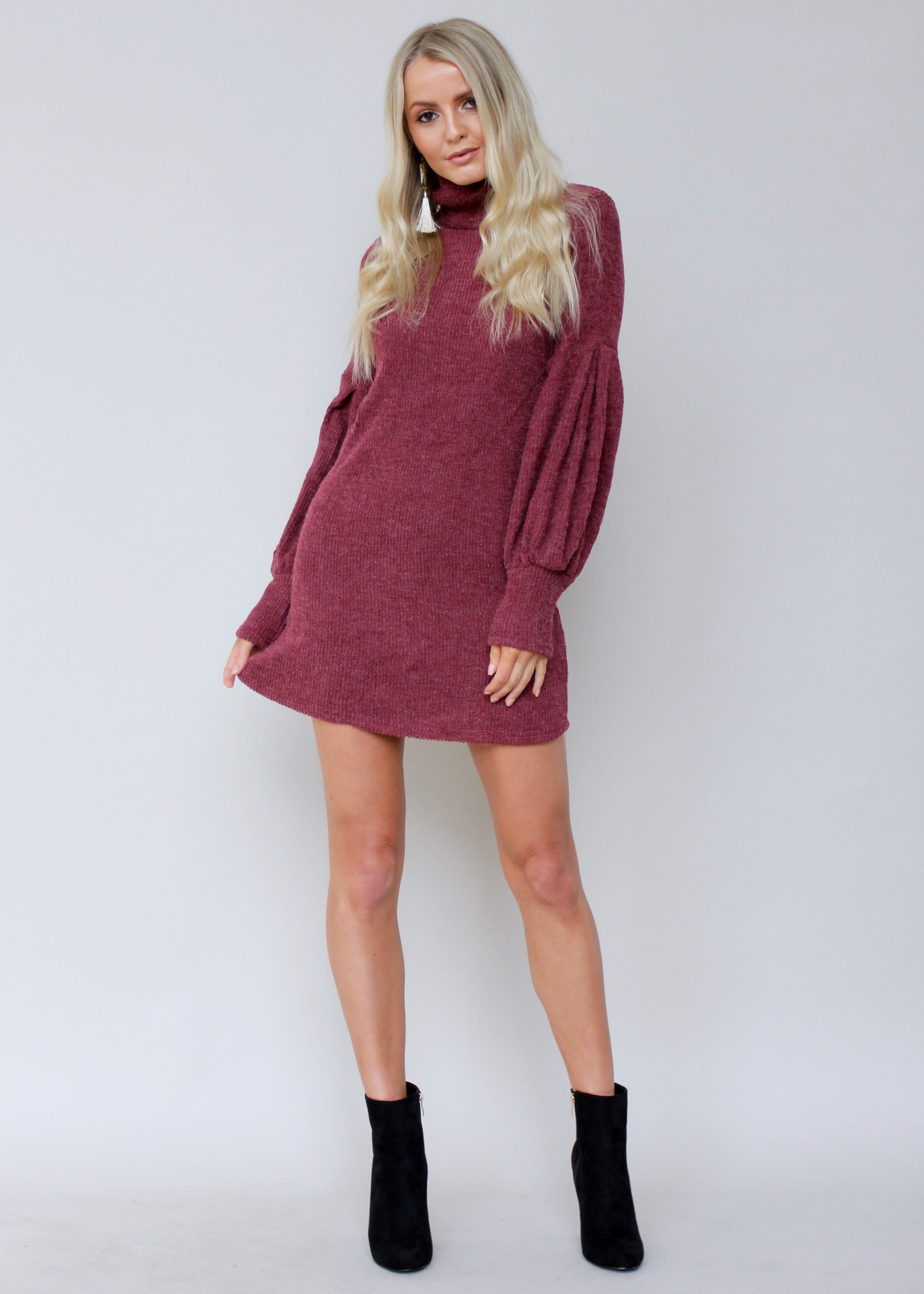 Ayana Roll Neck Knit Dress - Wine