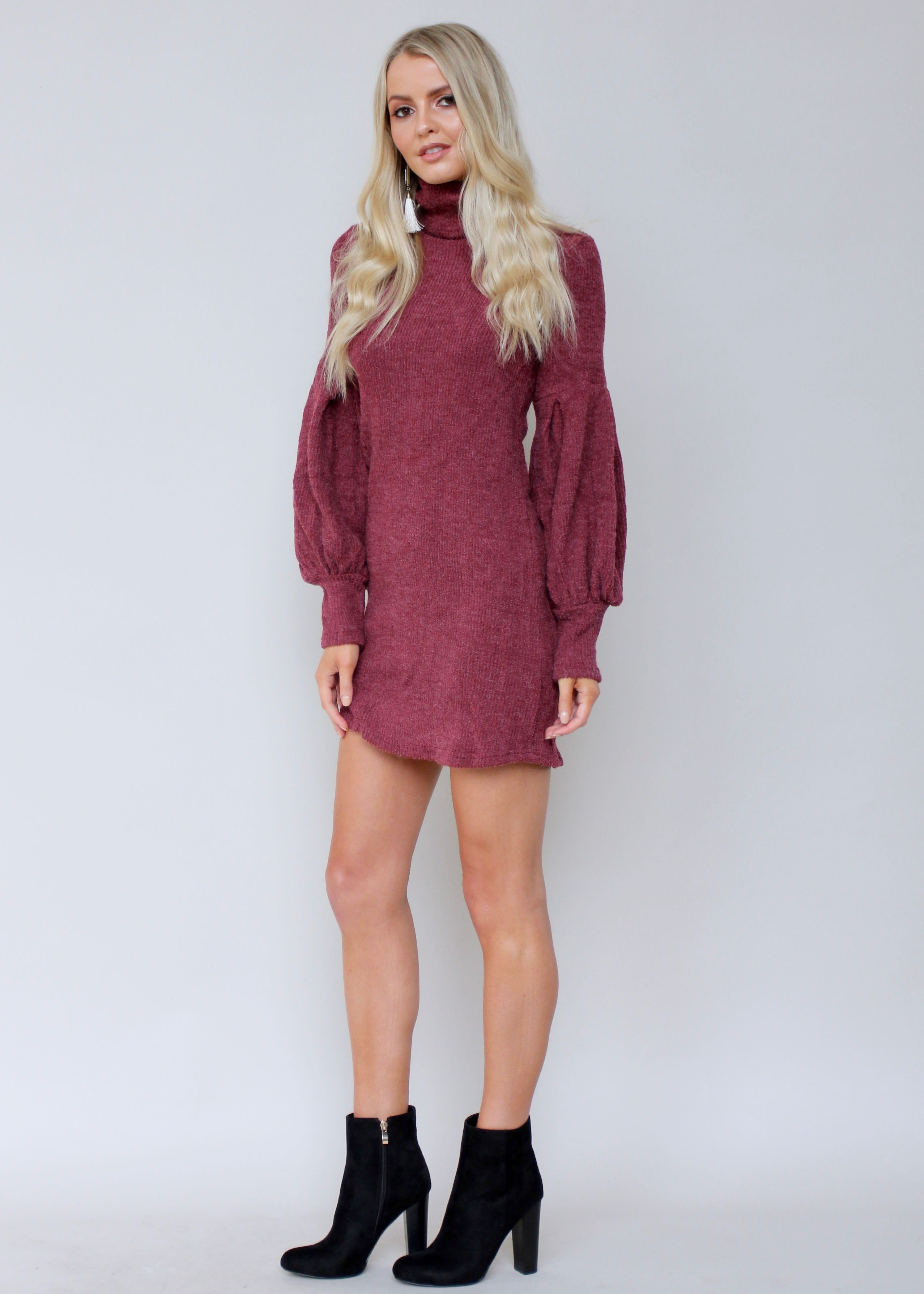 Ayana Roll Neck Knit Dress - Wine