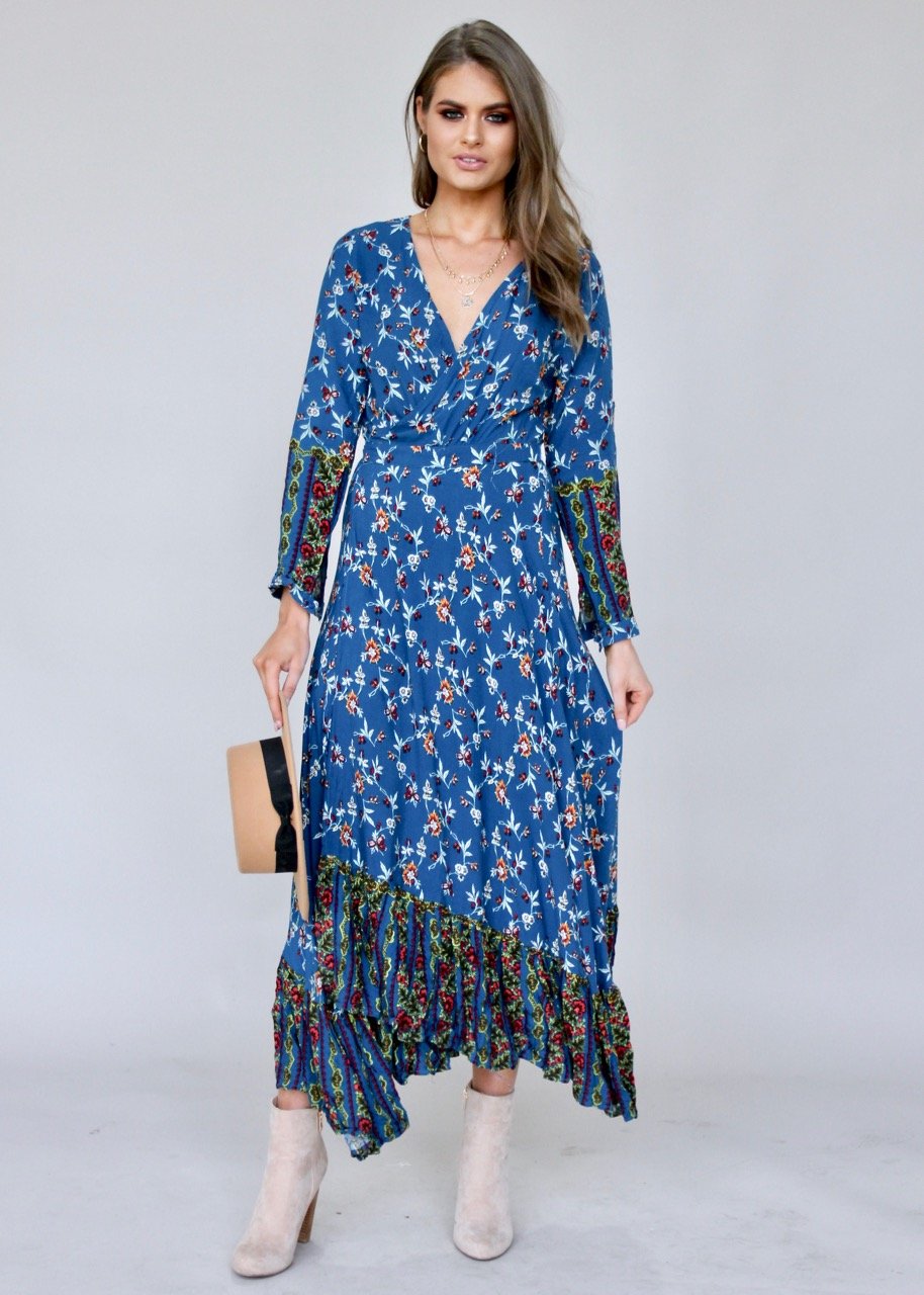 Take Me To Paradise Wrap Maxi Dress - Blue Floral