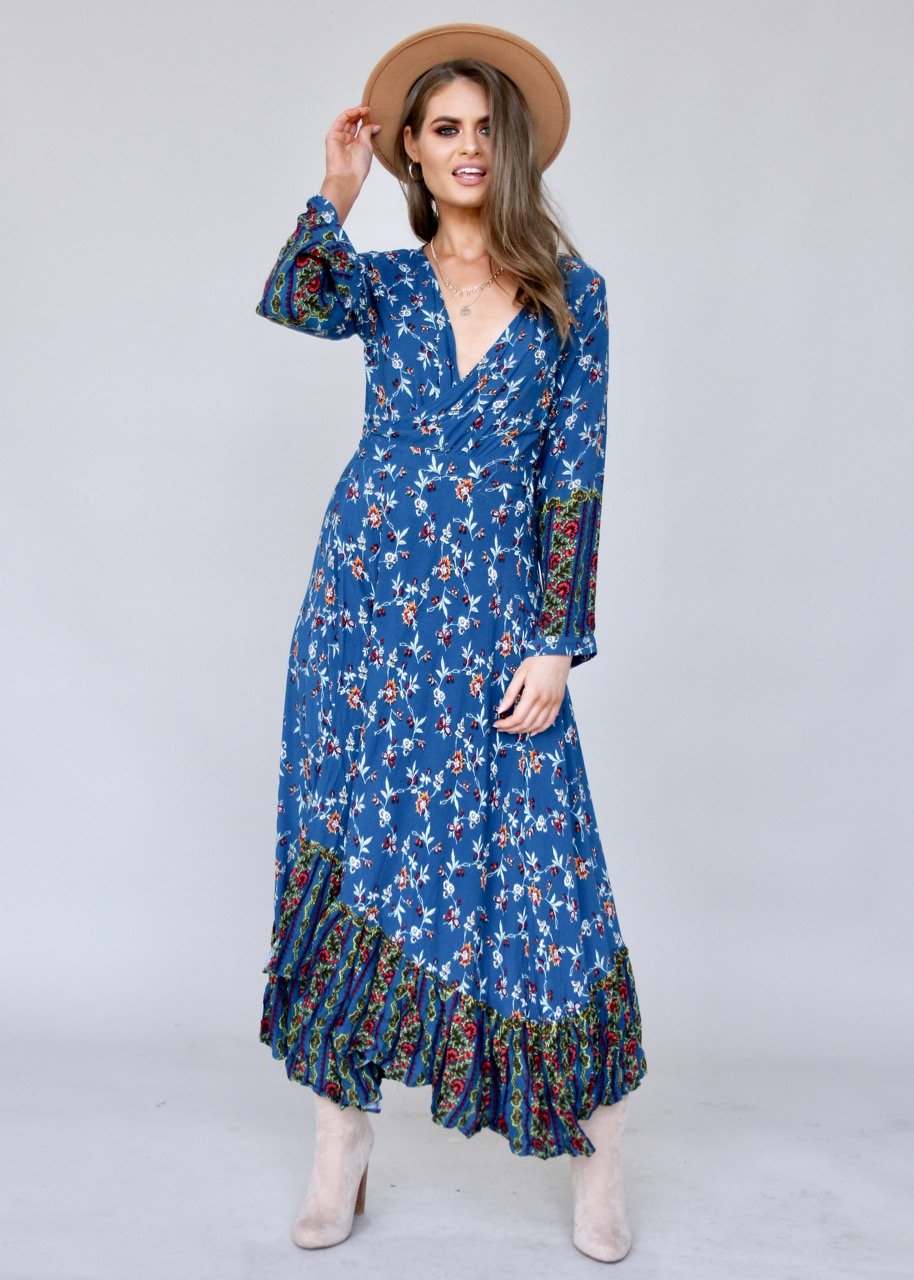 Take Me To Paradise Wrap Maxi Dress - Blue Floral