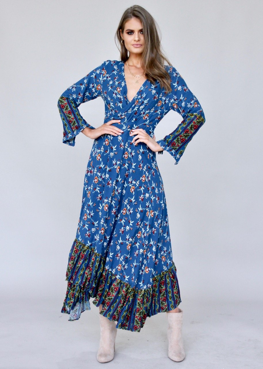 Take Me To Paradise Wrap Maxi Dress - Blue Floral