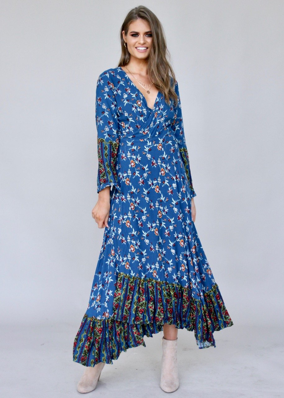 Take Me To Paradise Wrap Maxi Dress - Blue Floral