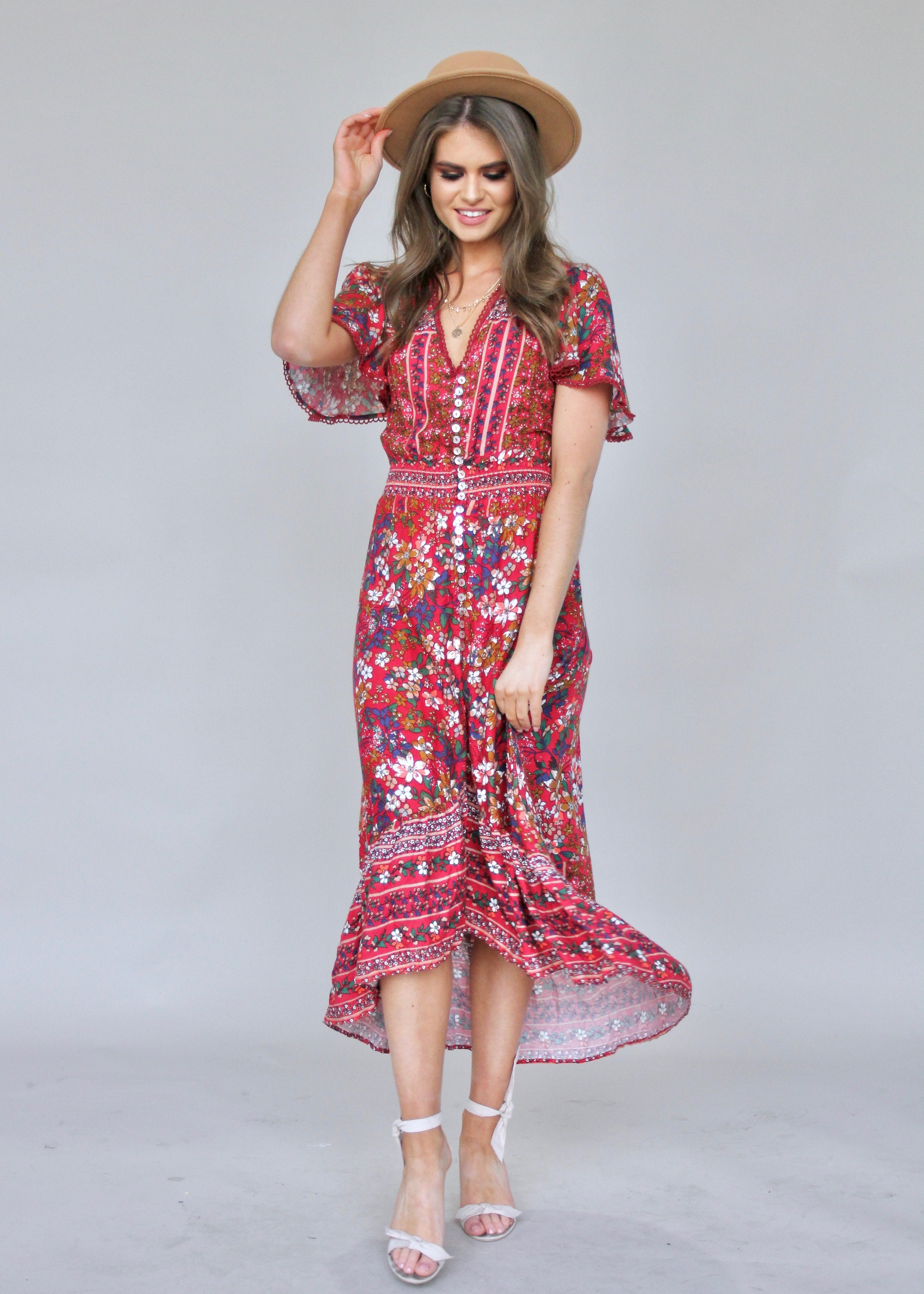 Leaving California Midi Dress - Red Floral