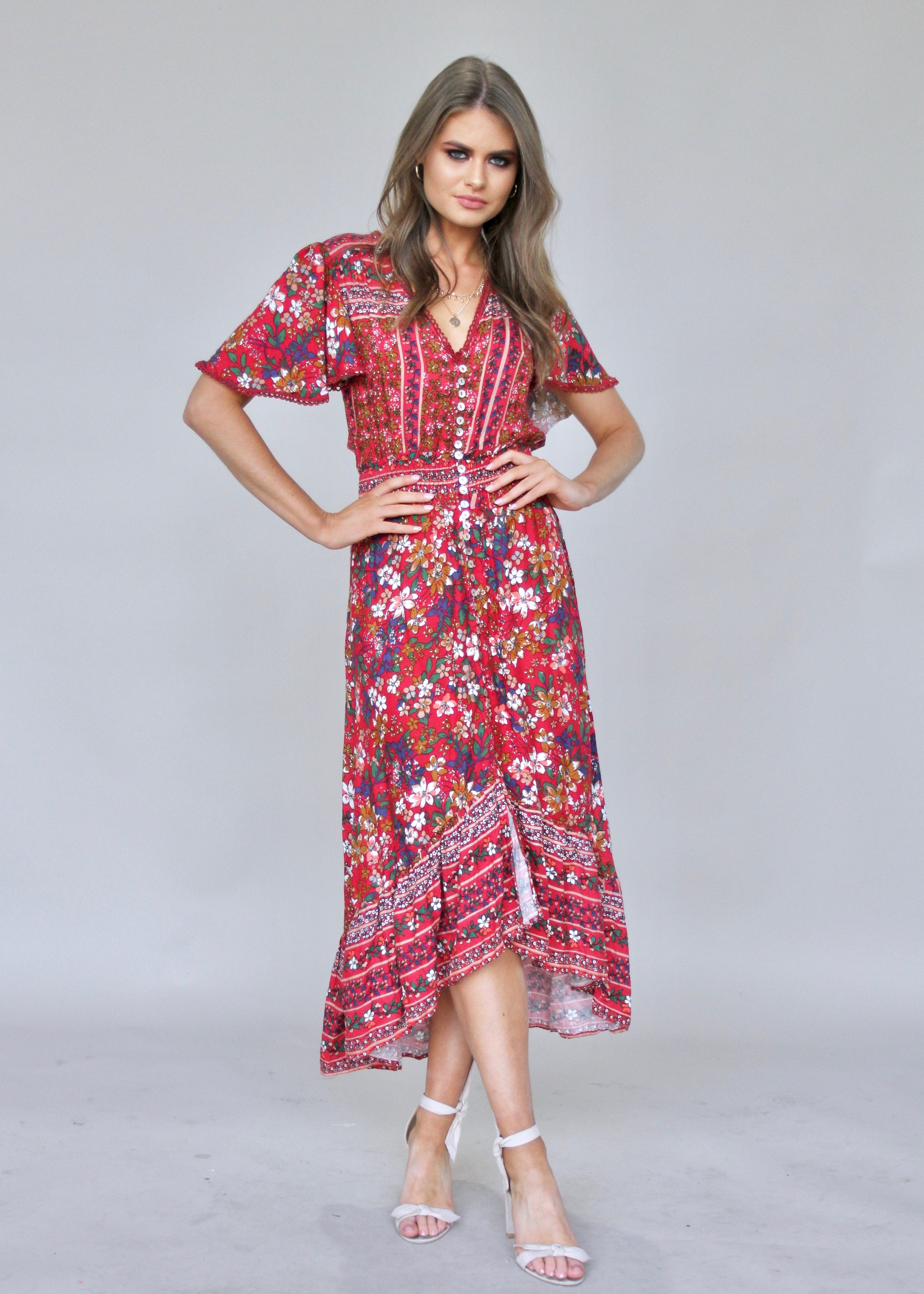 Leaving California Midi Dress - Red Floral