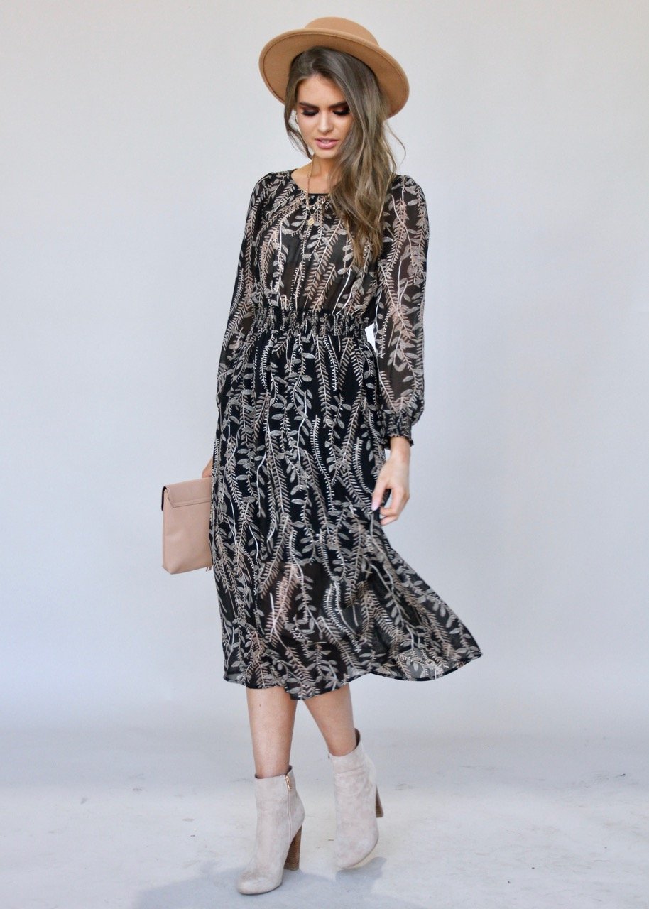 New Light Midi Dress - Black Leaf