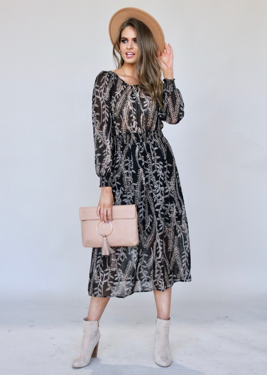 New Light Midi Dress - Black Leaf