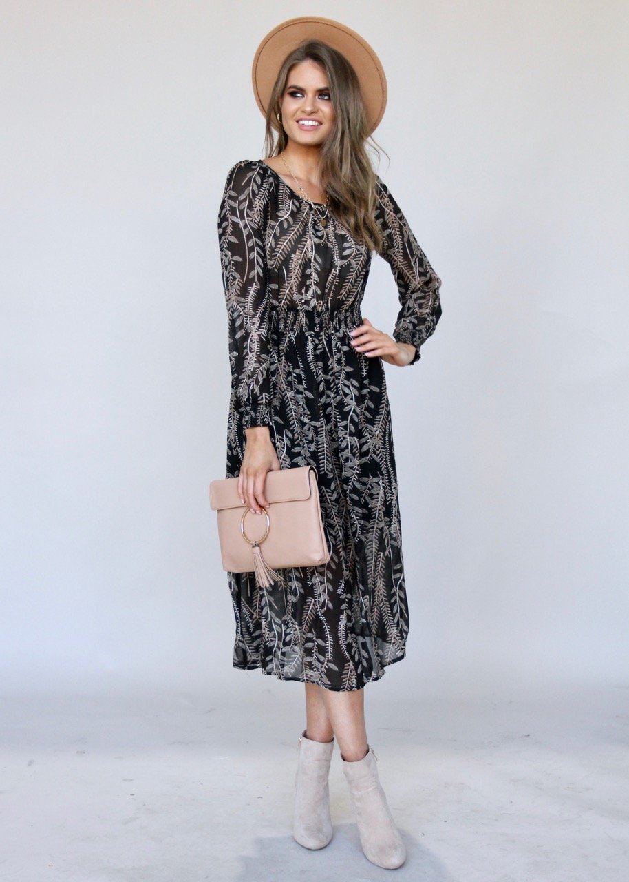 New Light Midi Dress - Black Leaf