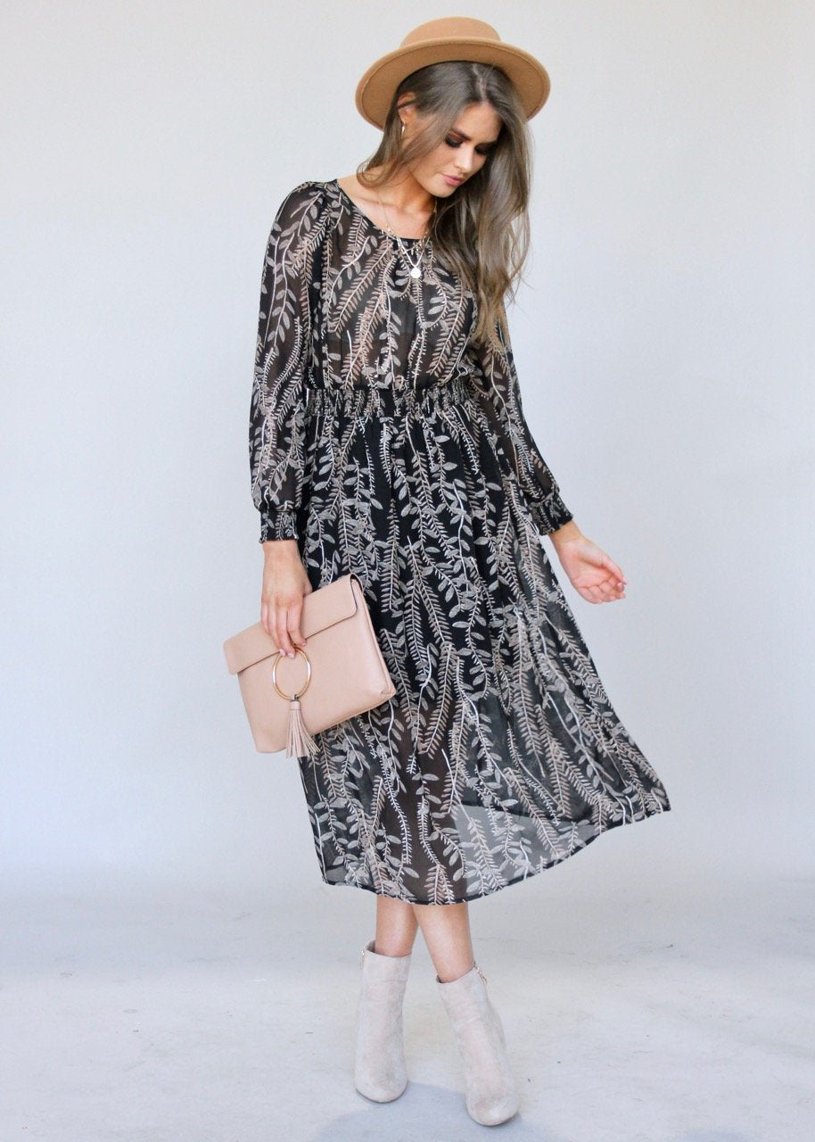 New Light Midi Dress - Black Leaf