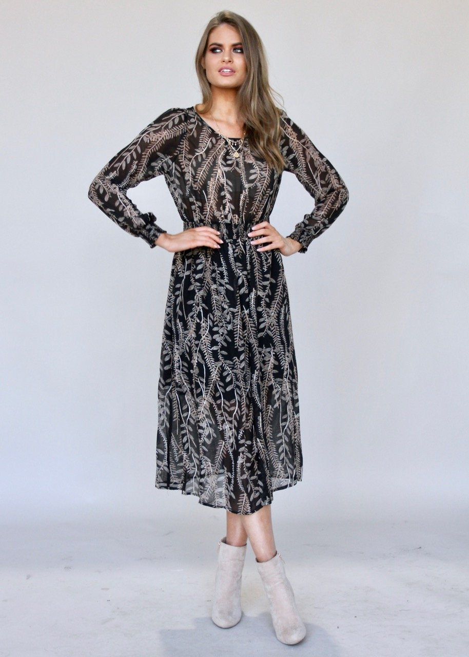New Light Midi Dress - Black Leaf