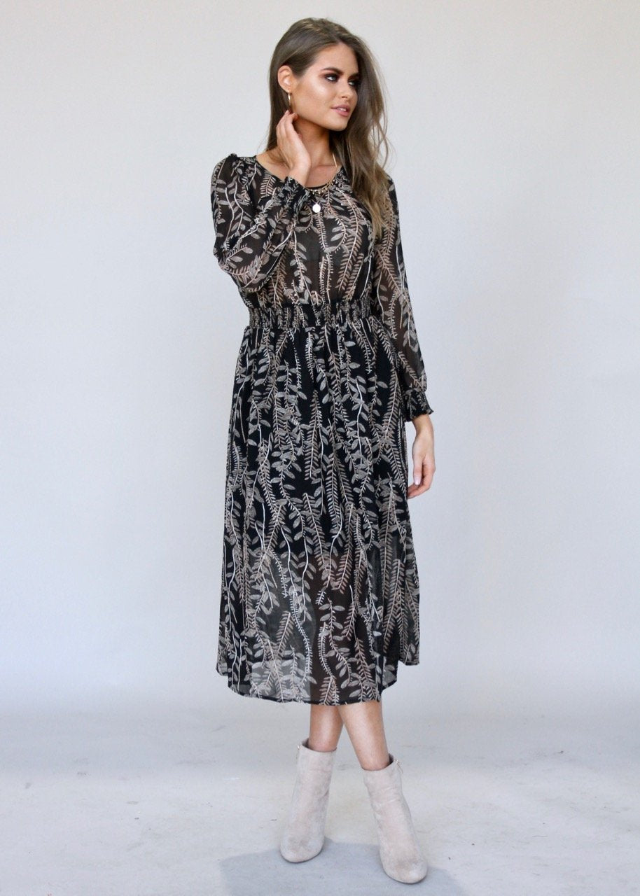 New Light Midi Dress - Black Leaf