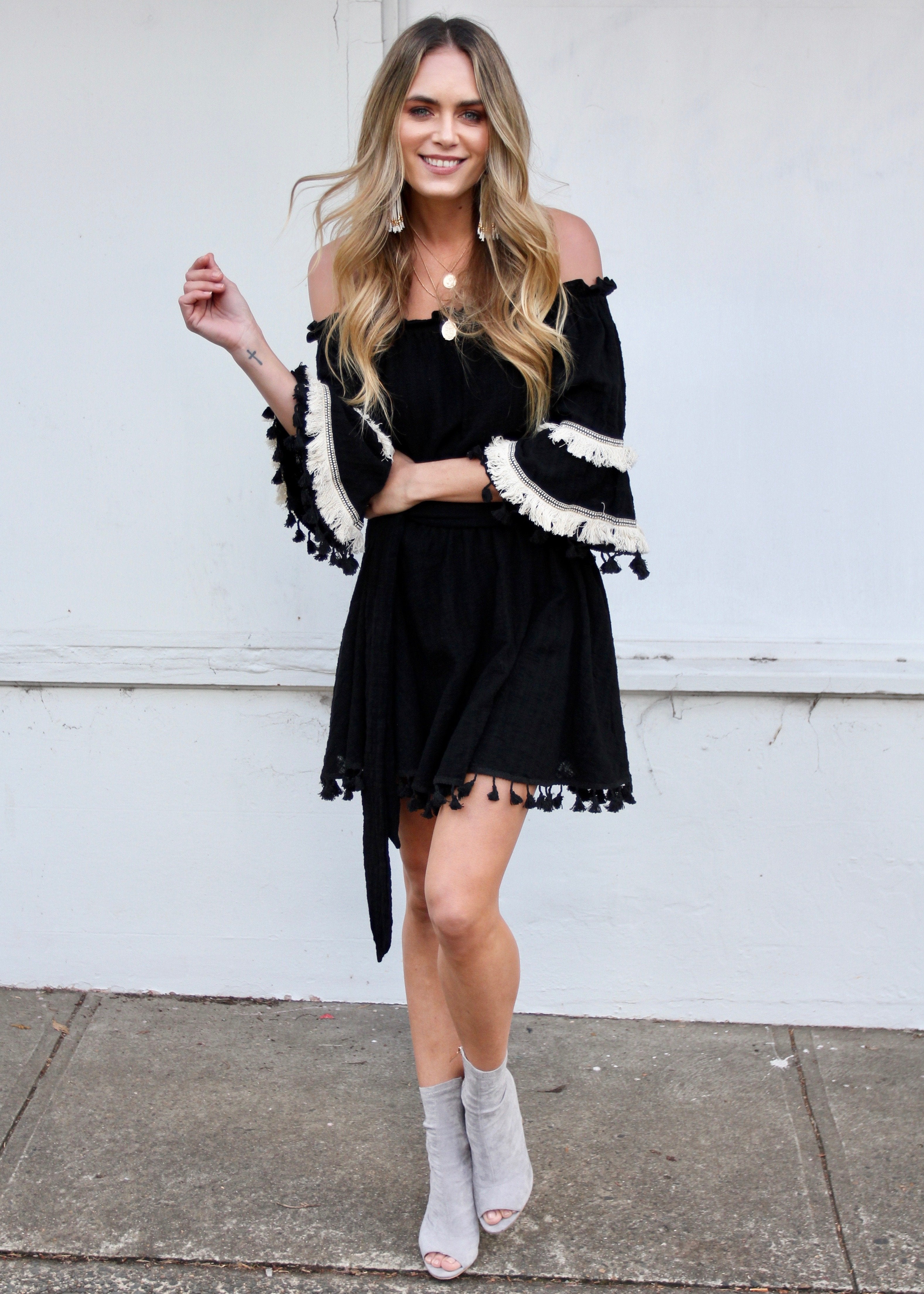 Marbella Off Shoulder Frill Dress - Black