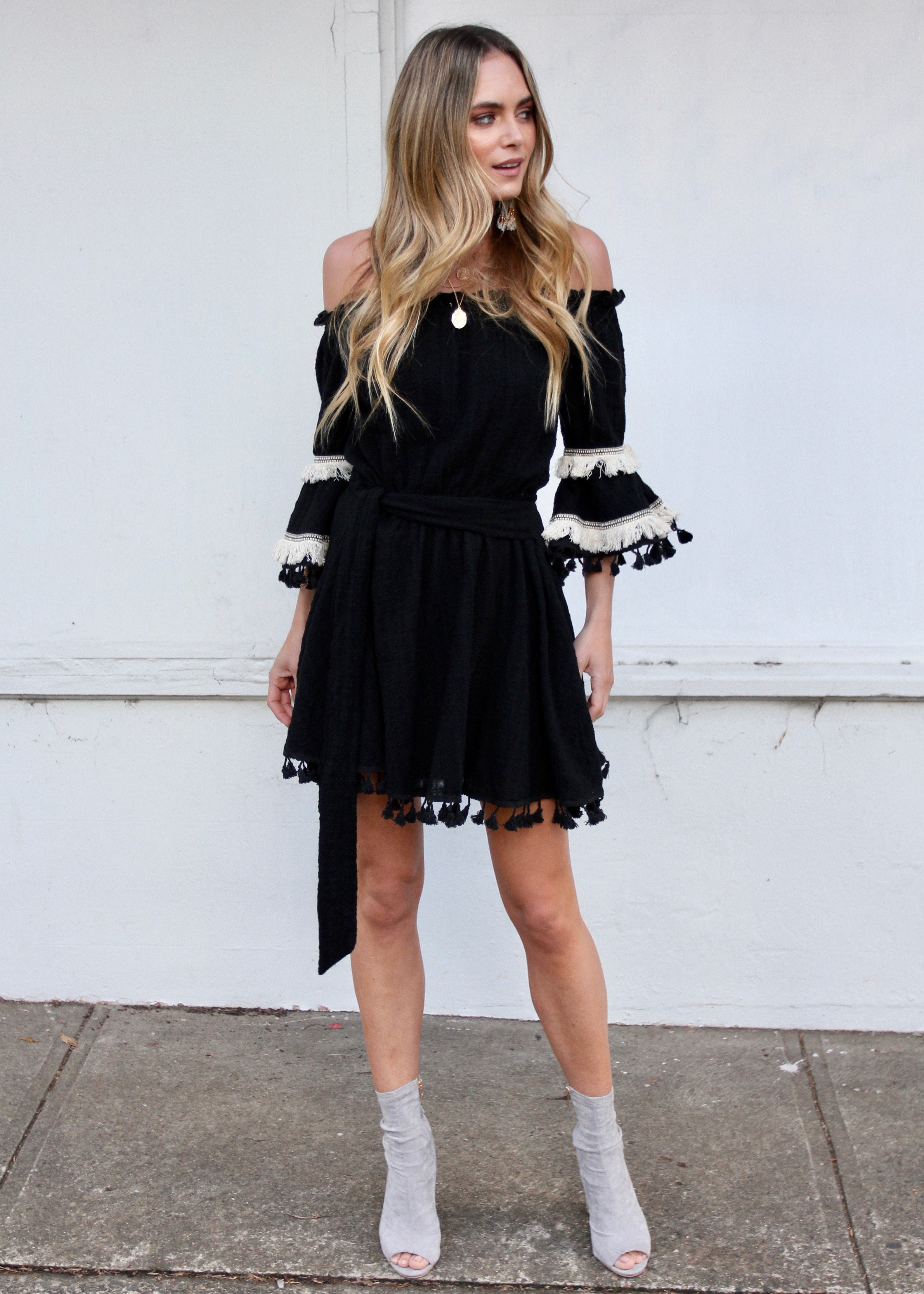 Marbella Off Shoulder Frill Dress - Black