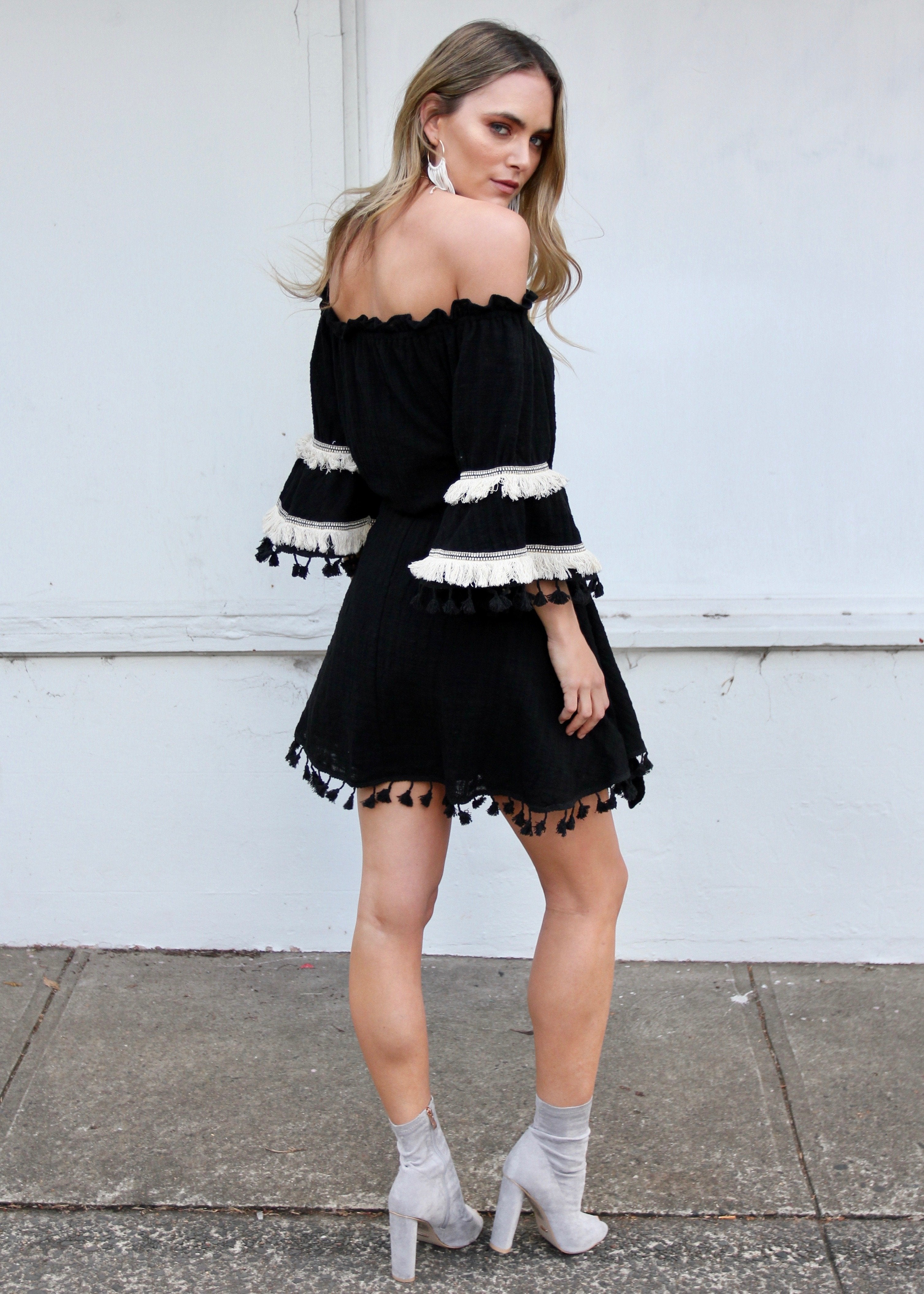 Marbella Off Shoulder Frill Dress - Black