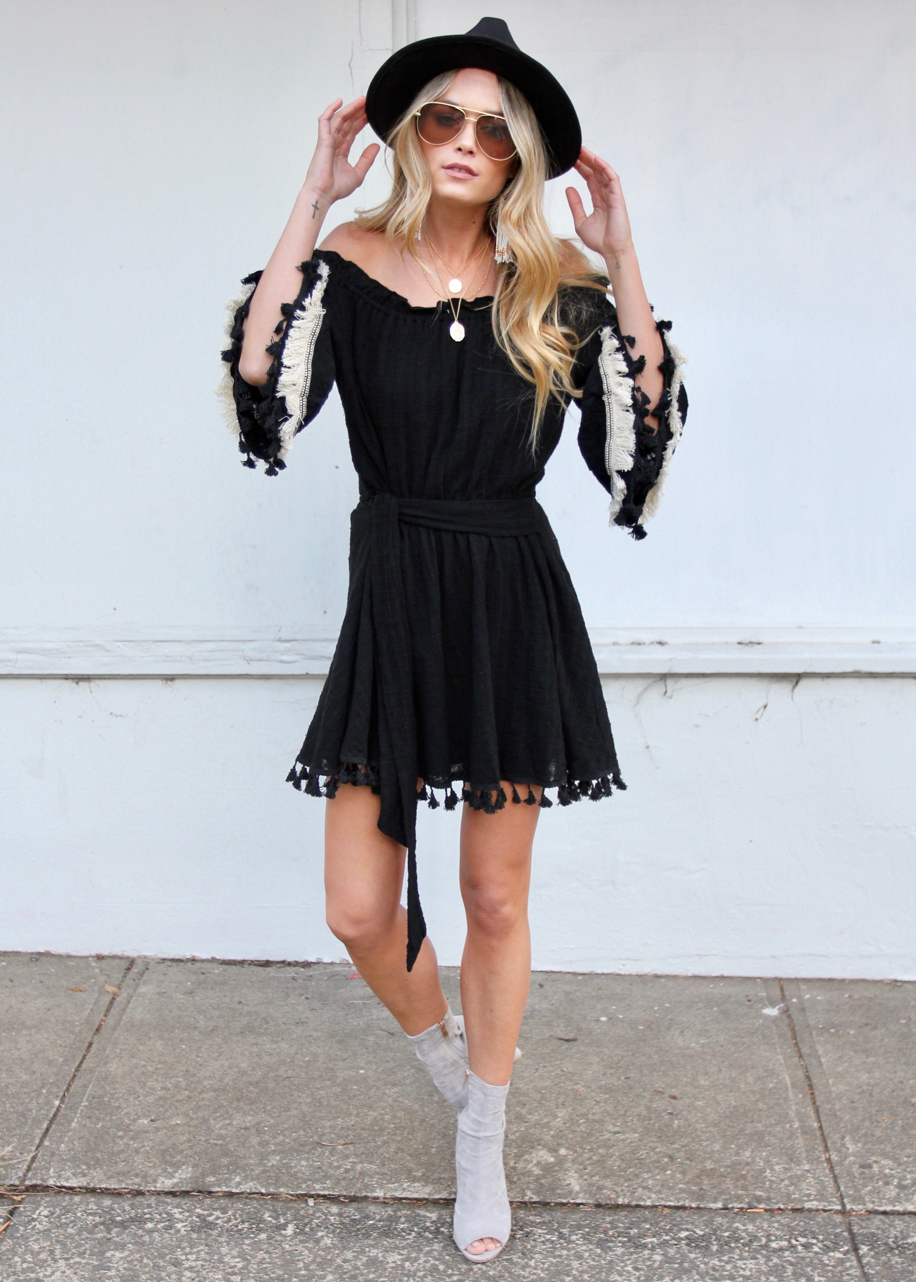 Marbella Off Shoulder Frill Dress - Black
