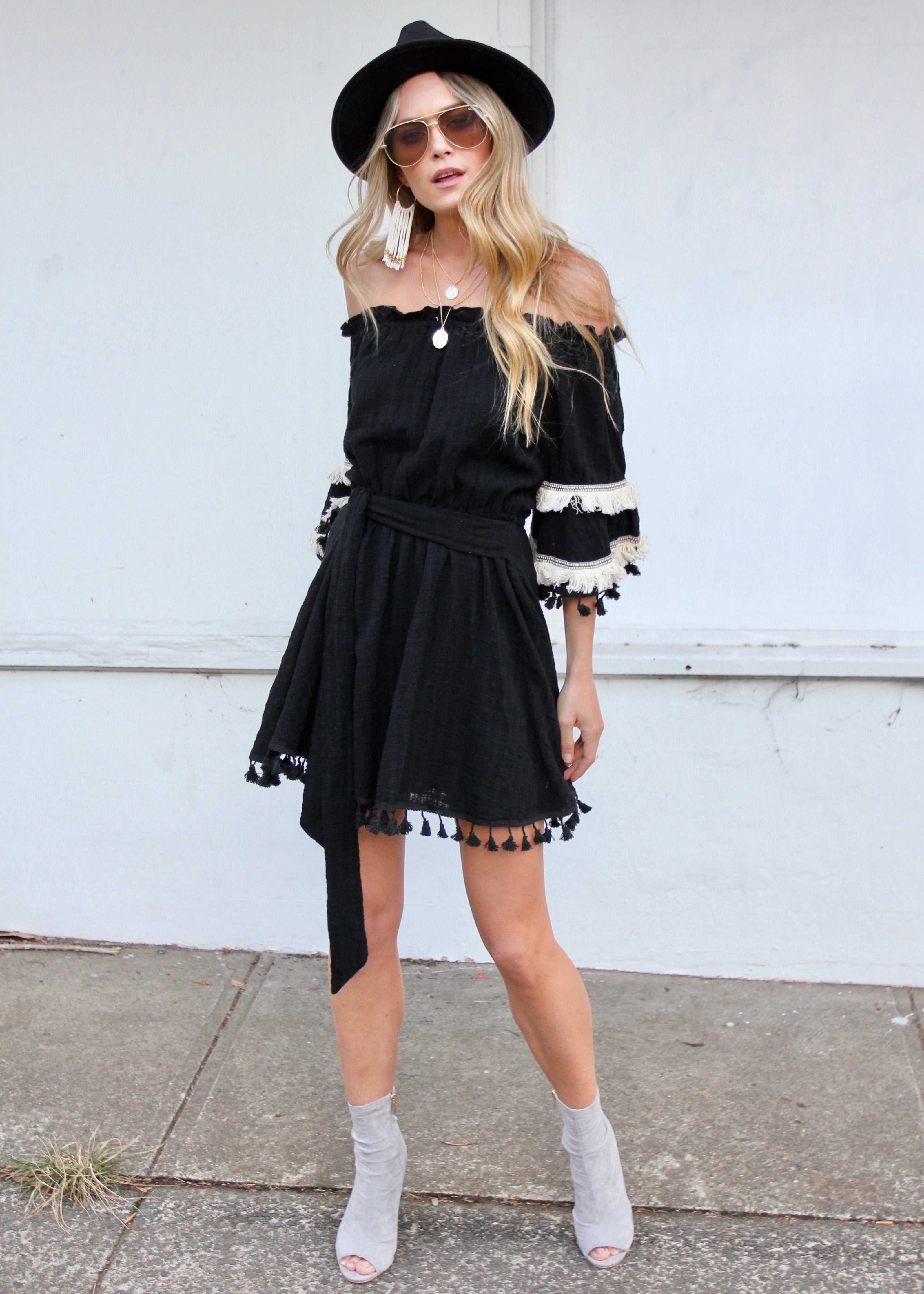 Marbella Off Shoulder Frill Dress - Black