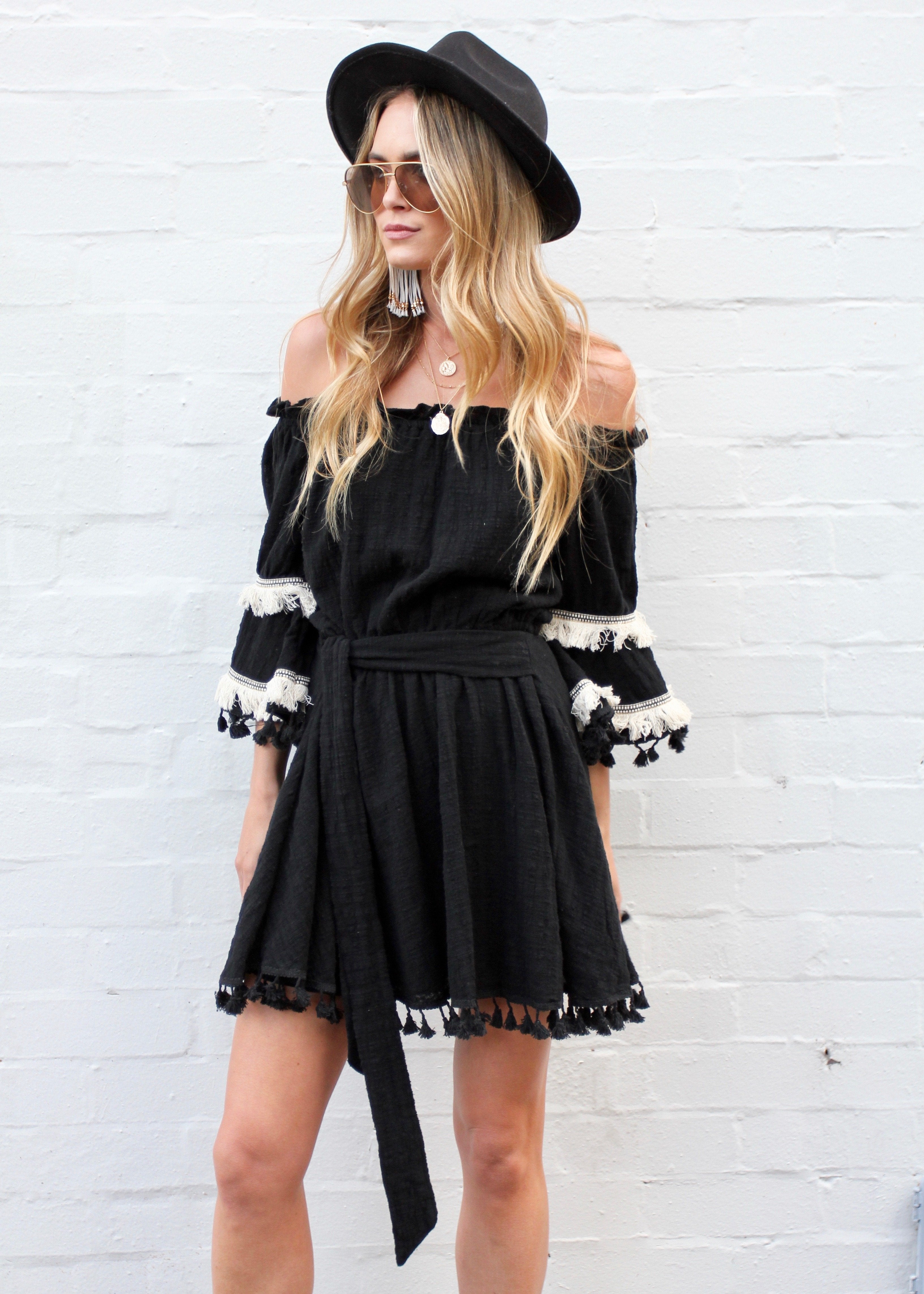 Marbella Off Shoulder Frill Dress - Black