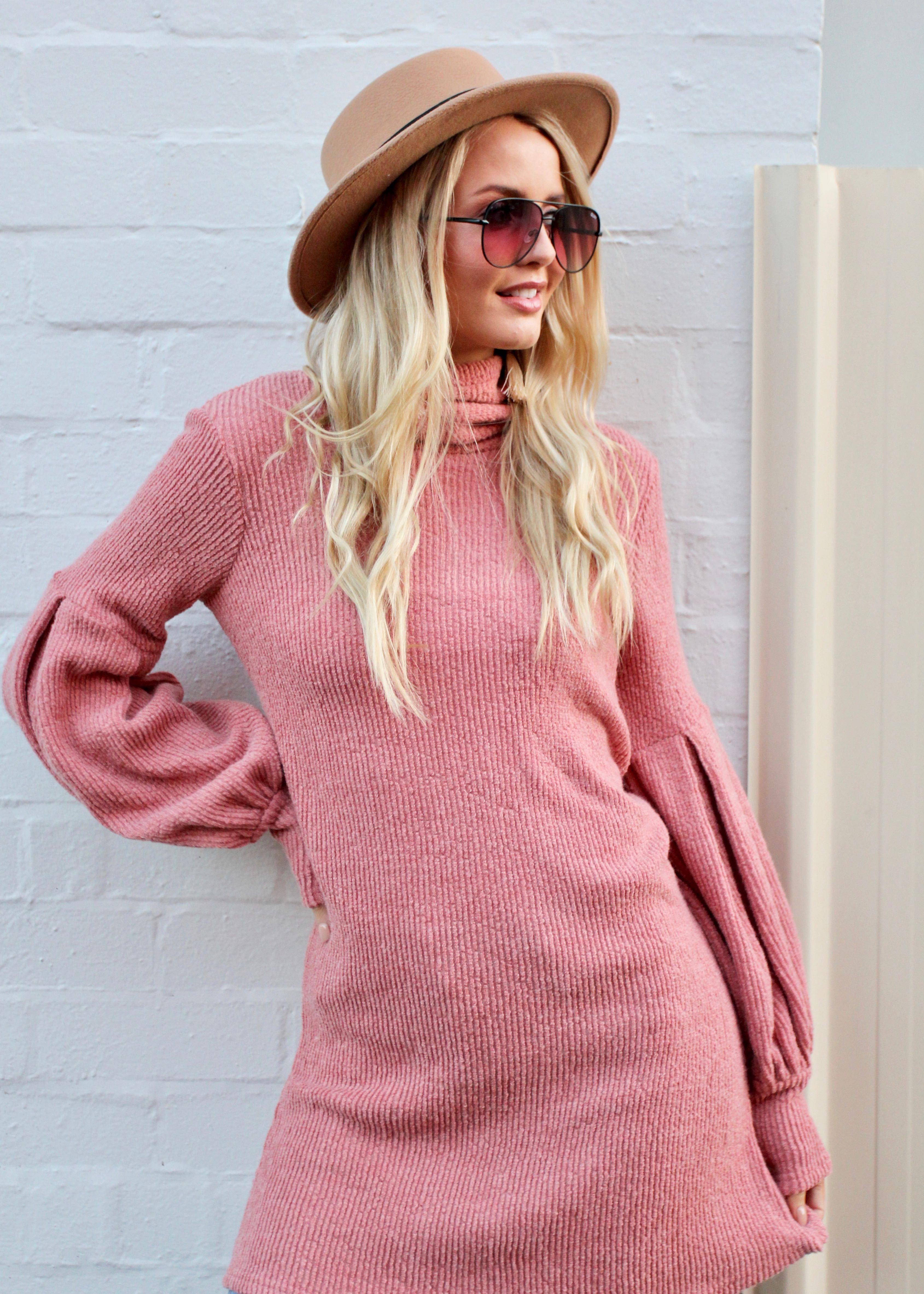 Ayana Roll Neck Knit Dress - Rose