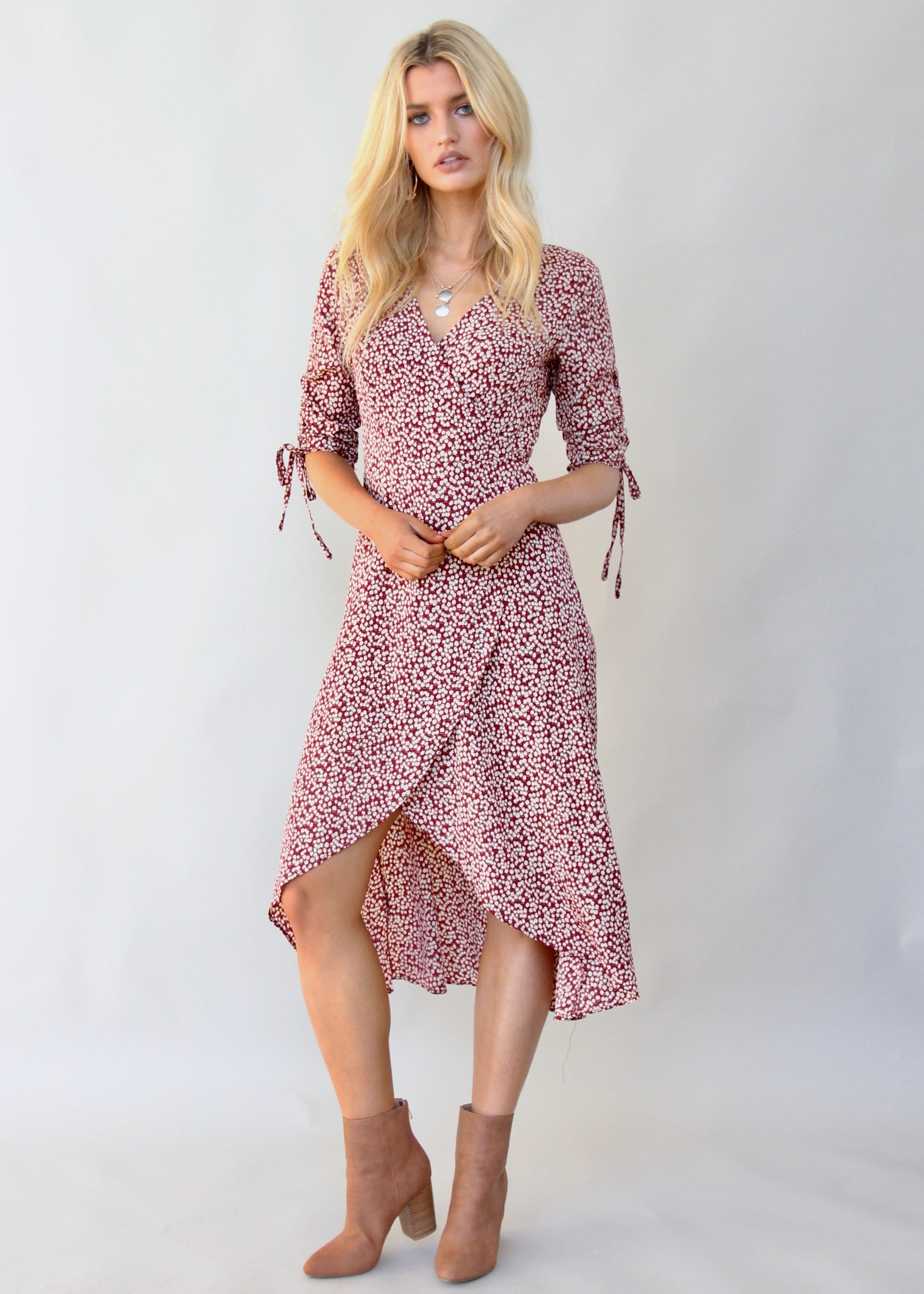 Light Fields Wrap Dress - Maroon Floral