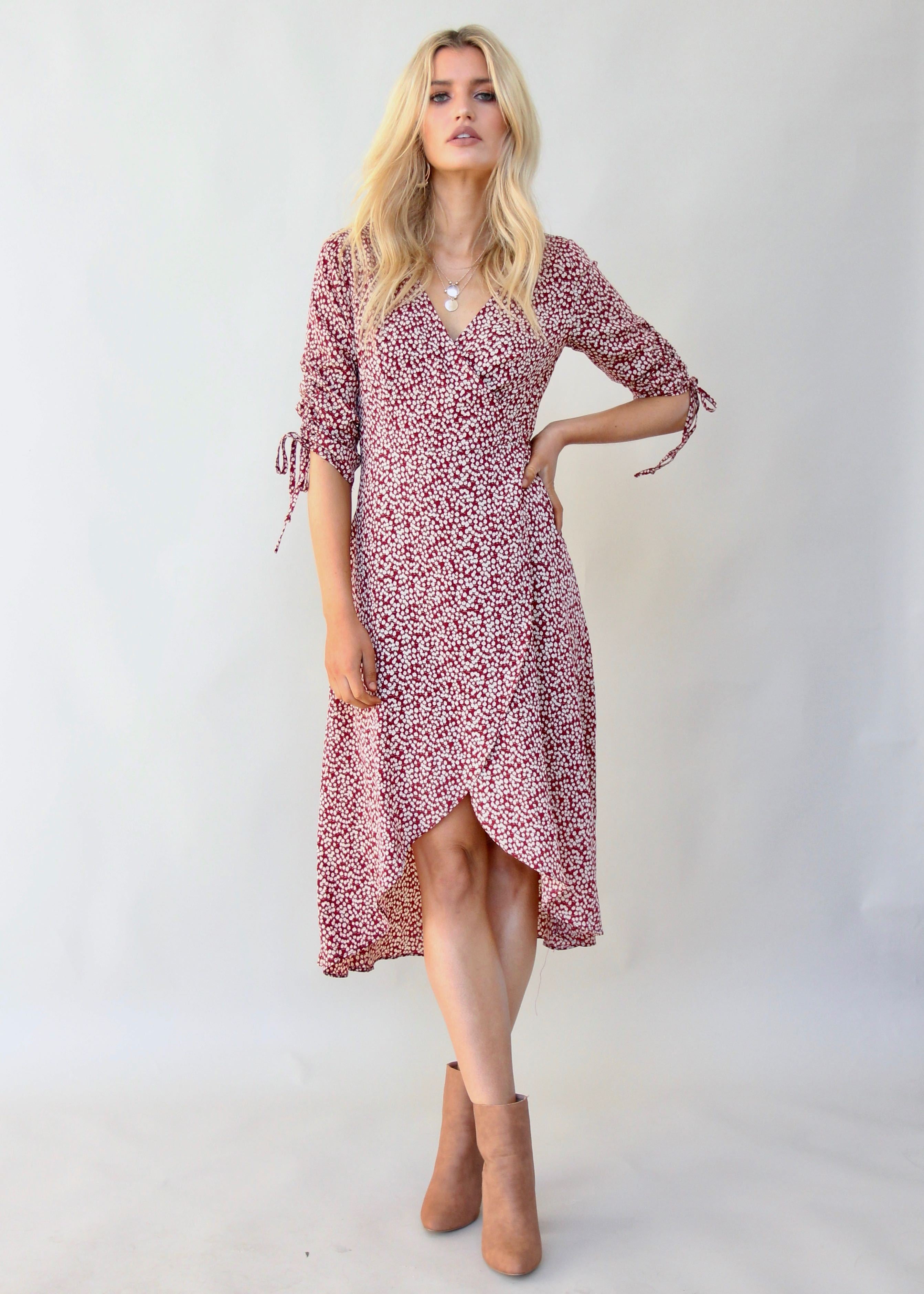 Light Fields Wrap Dress - Maroon Floral