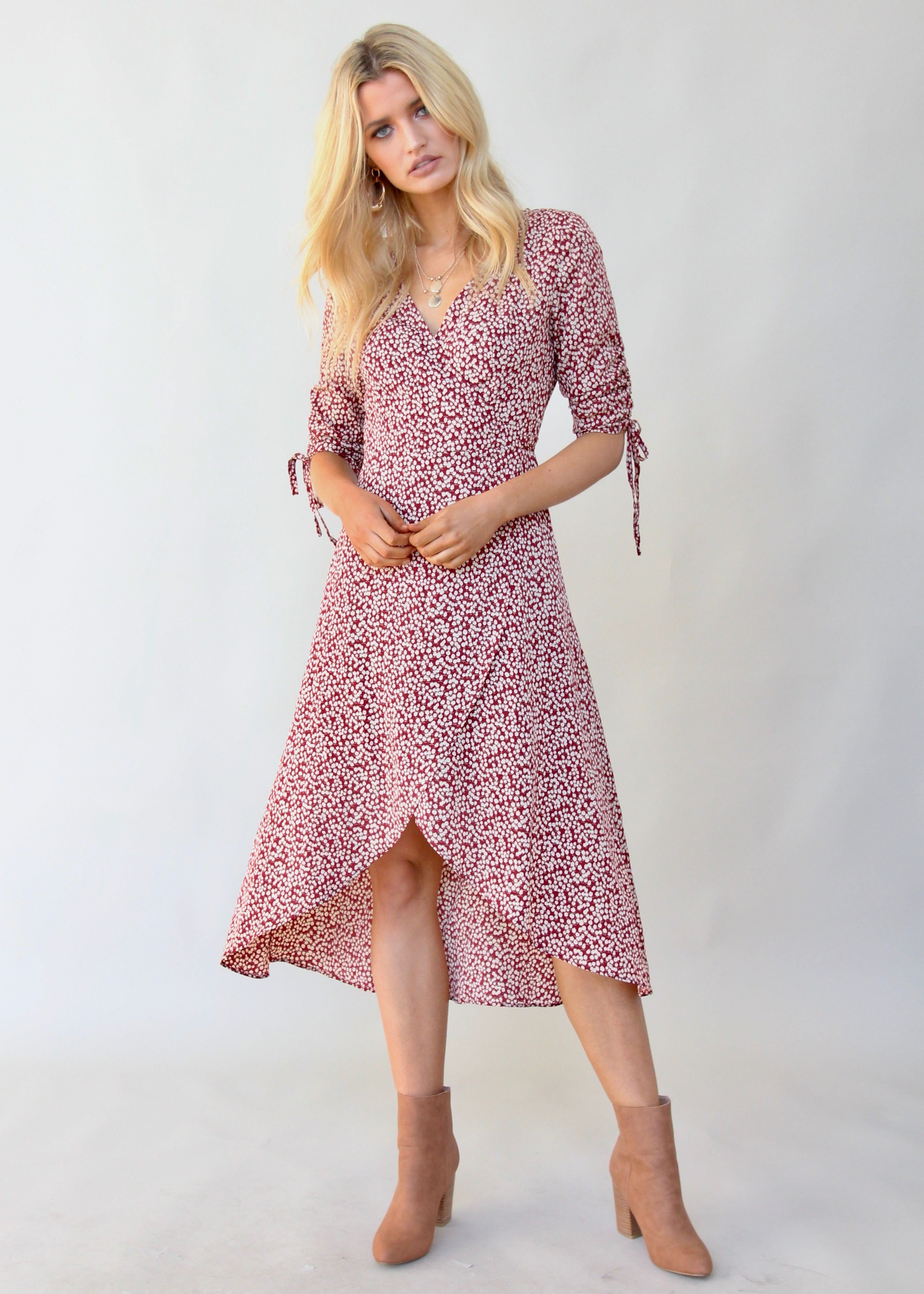 Light Fields Wrap Dress - Maroon Floral