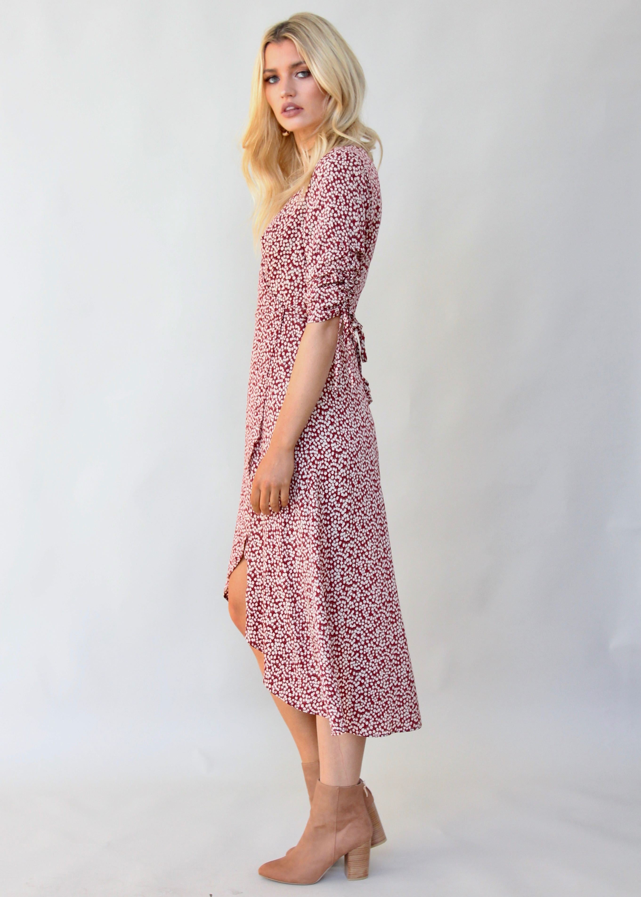 Light Fields Wrap Dress - Maroon Floral