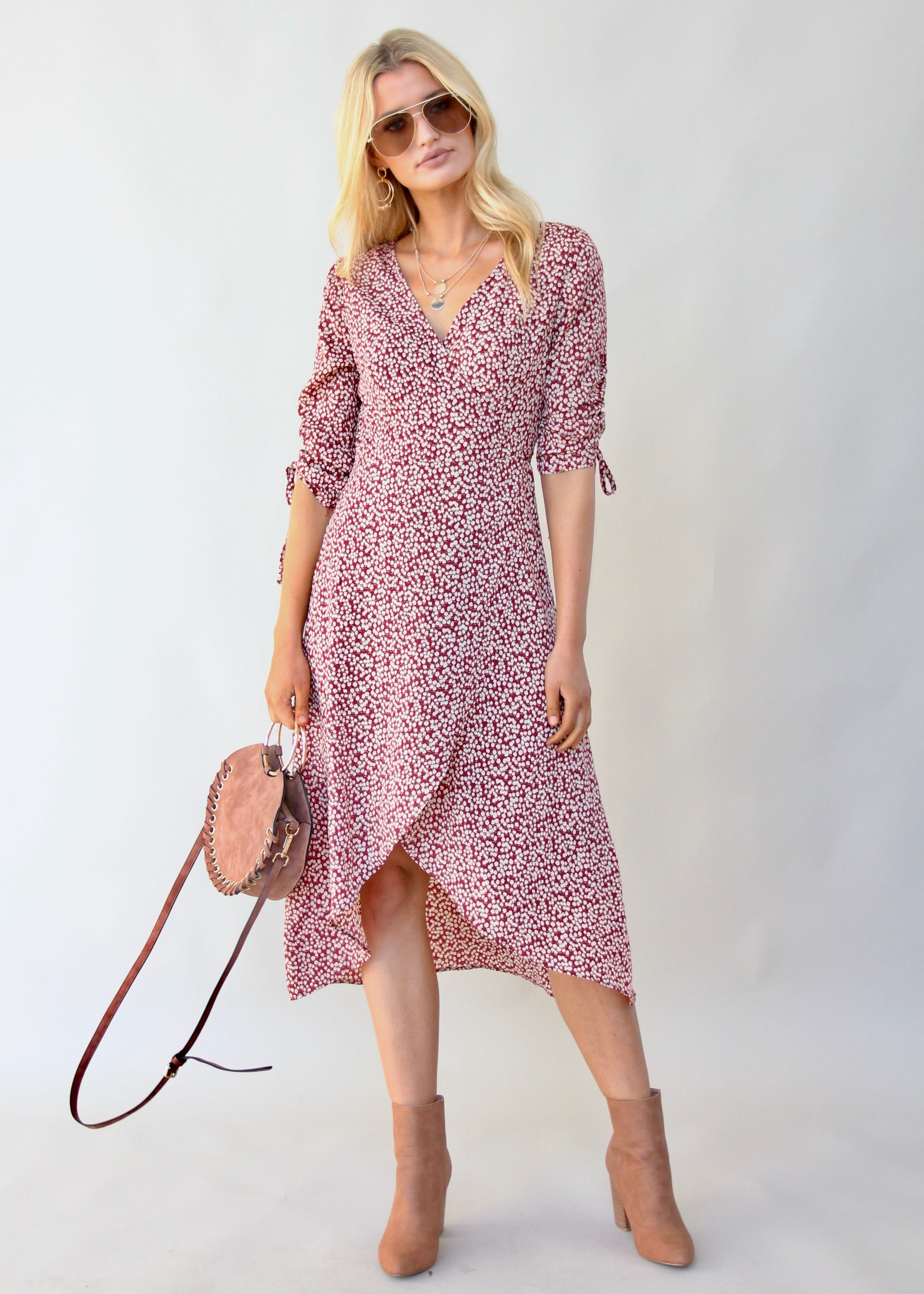 Light Fields Wrap Dress - Maroon Floral