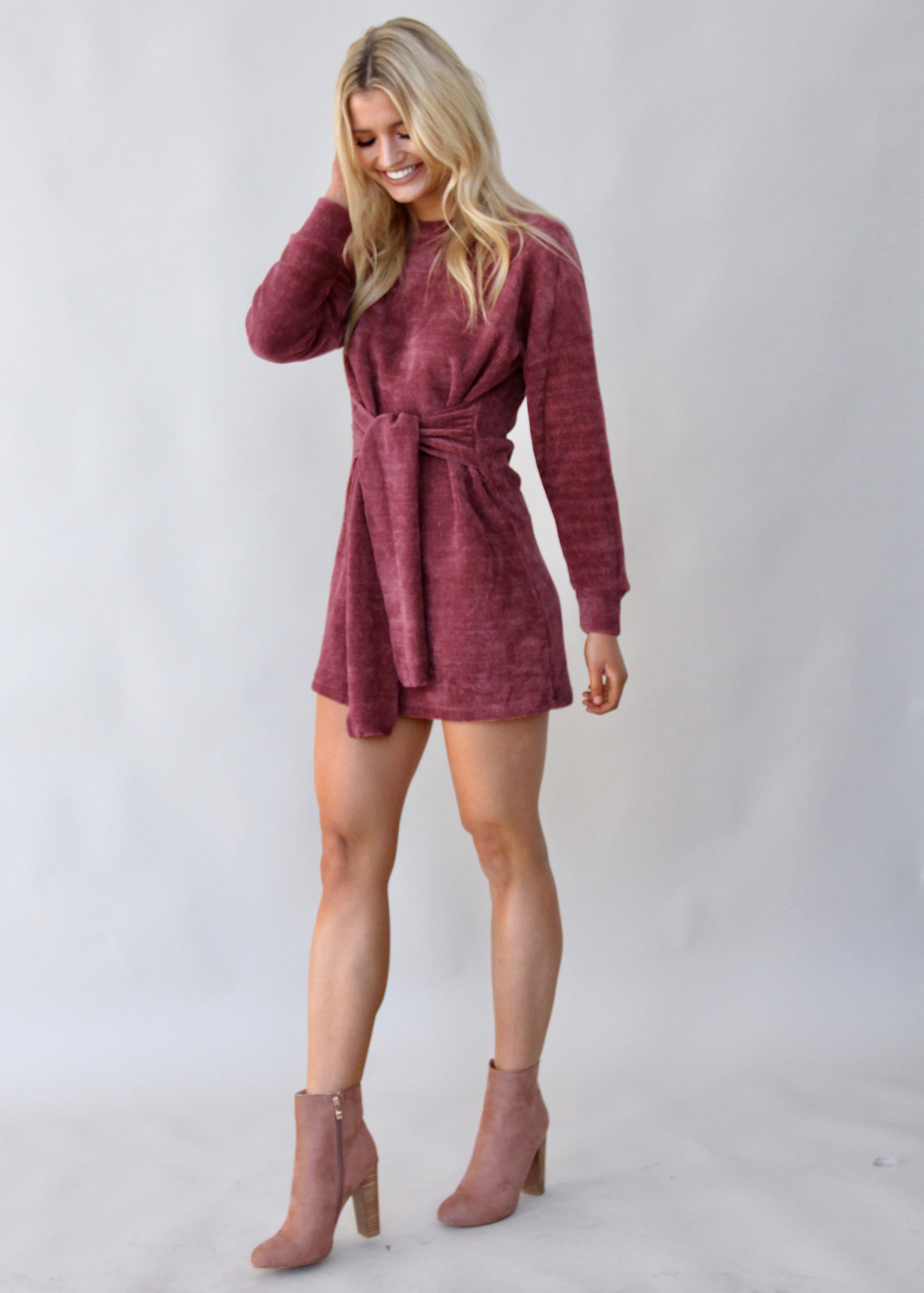 Hide Away Tie Knit Dress - Wine