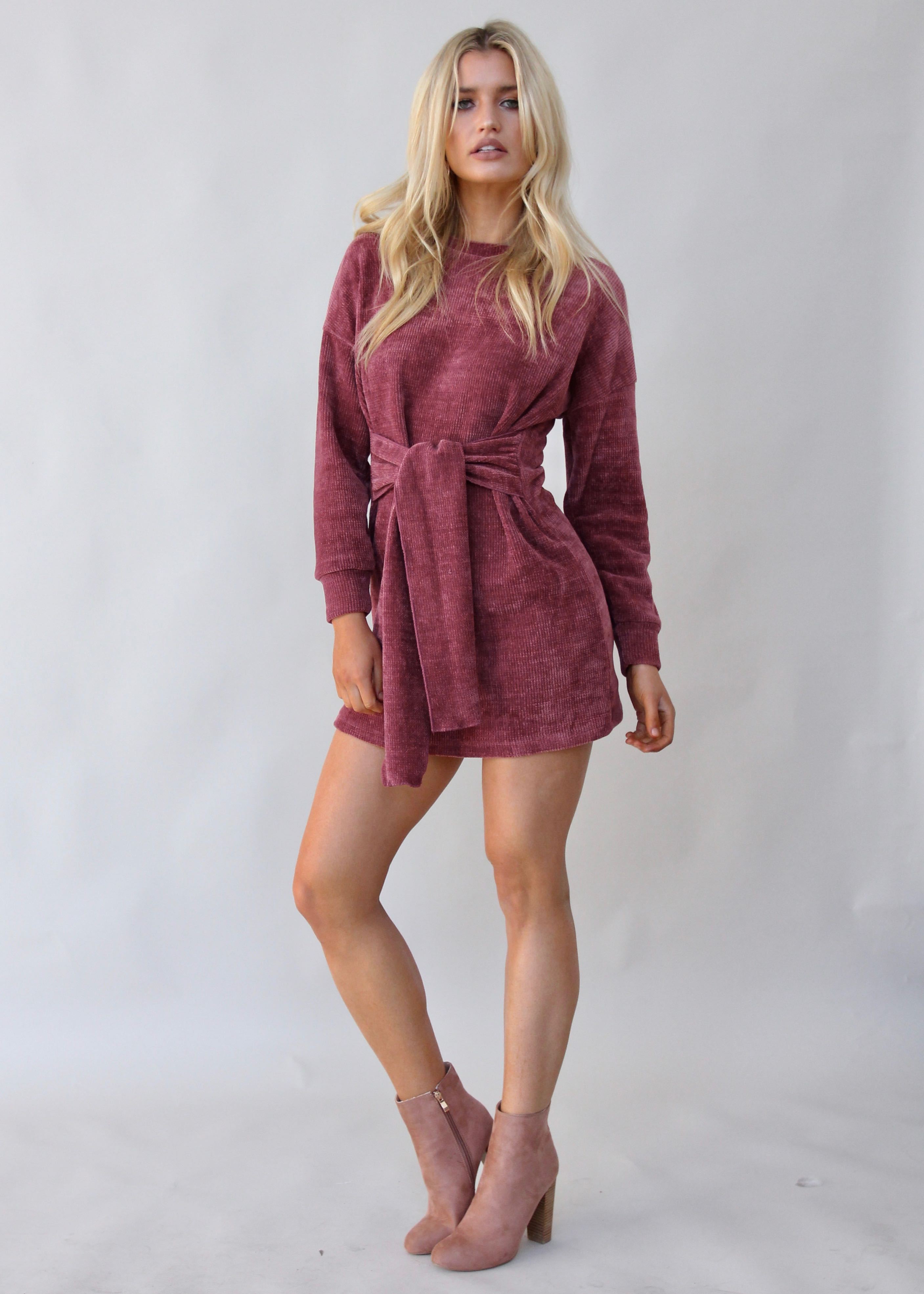 Hide Away Tie Knit Dress - Wine