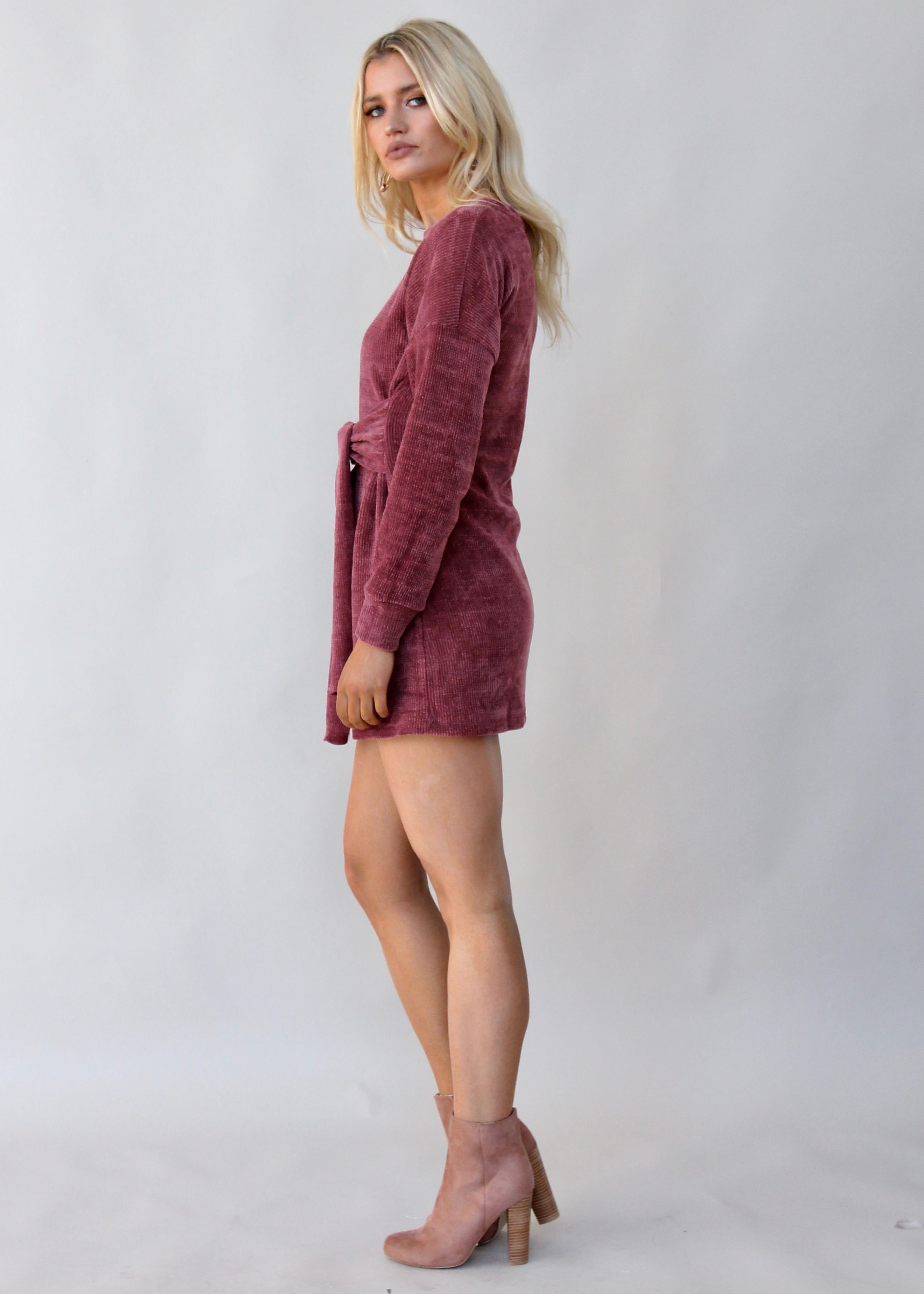 Hide Away Tie Knit Dress - Wine
