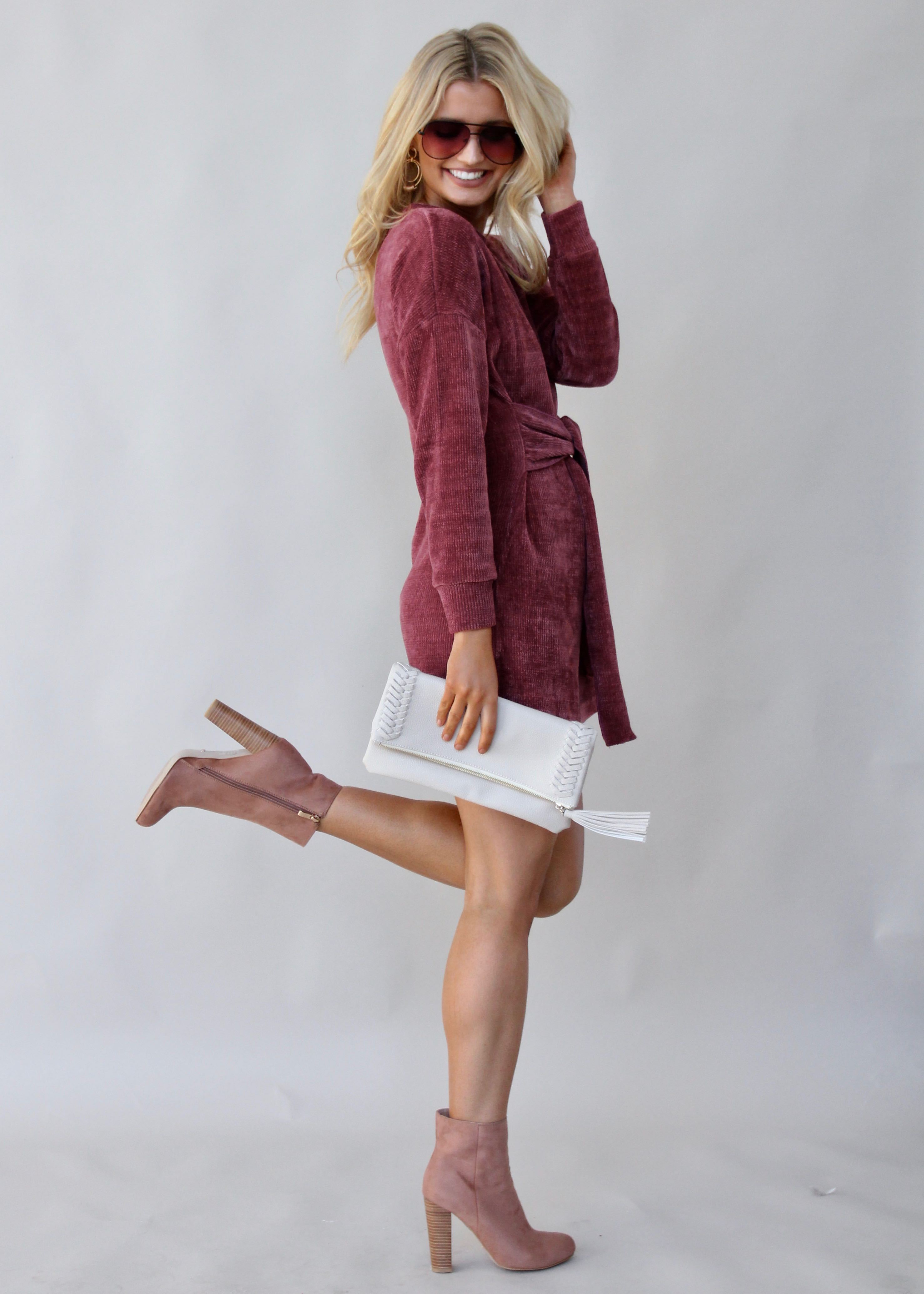 Hide Away Tie Knit Dress - Wine