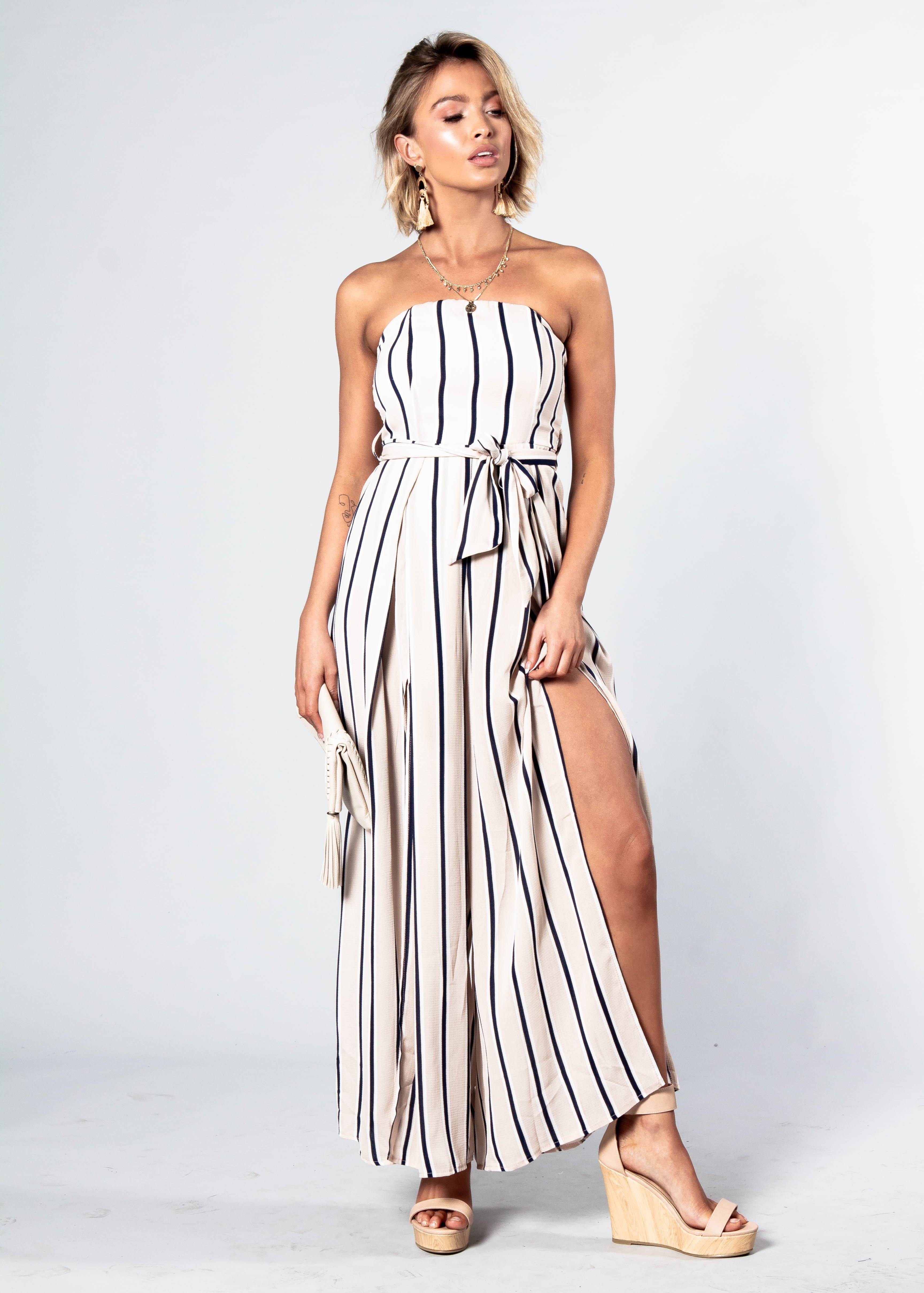Guilt Free Strapless Pantsuit - Nude/Navy Stripe
