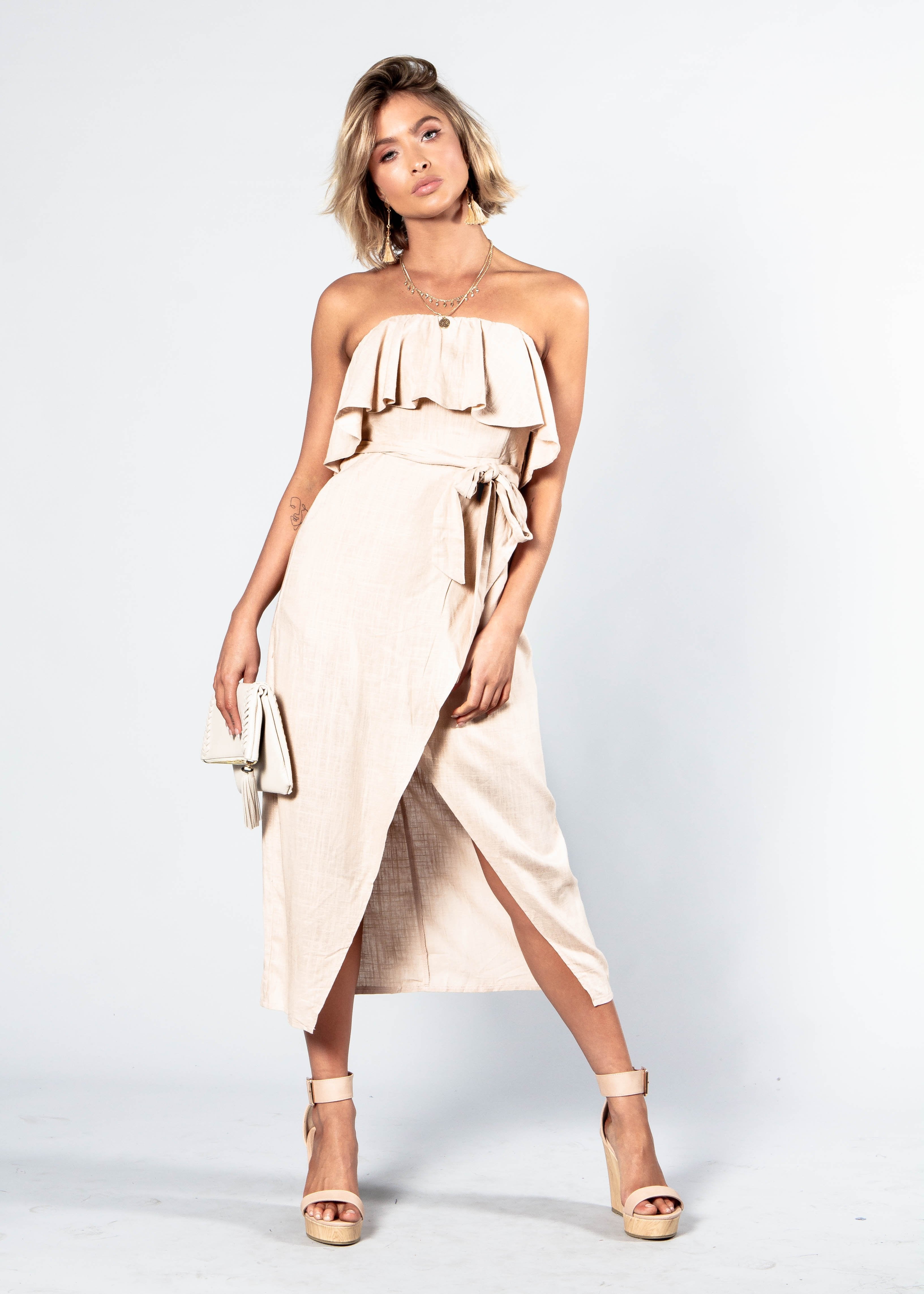 Quinn Strapless Midi Dress w/ Tie - Sand
