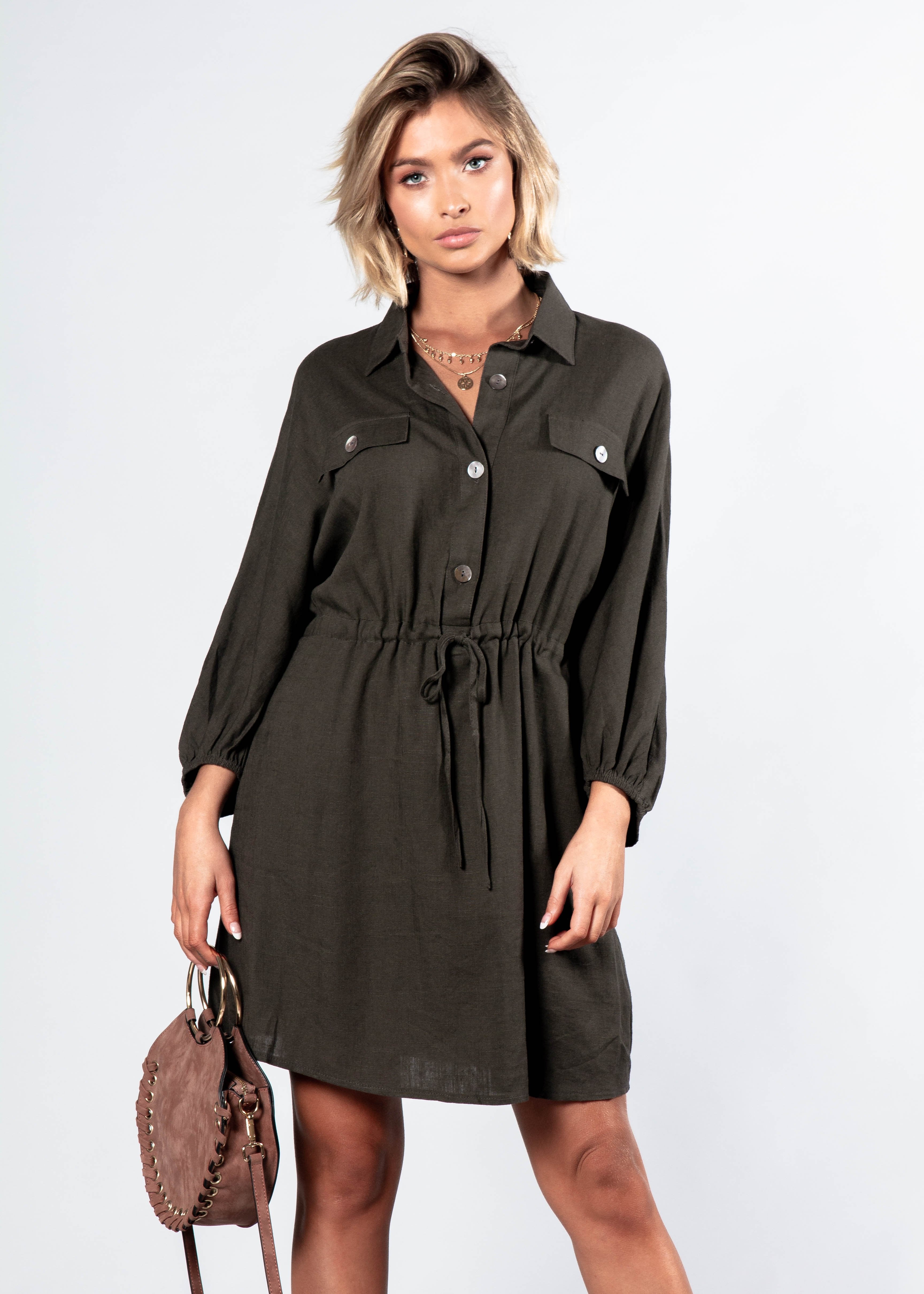 Lay Low Linen Tunic Dress - Dark Khaki