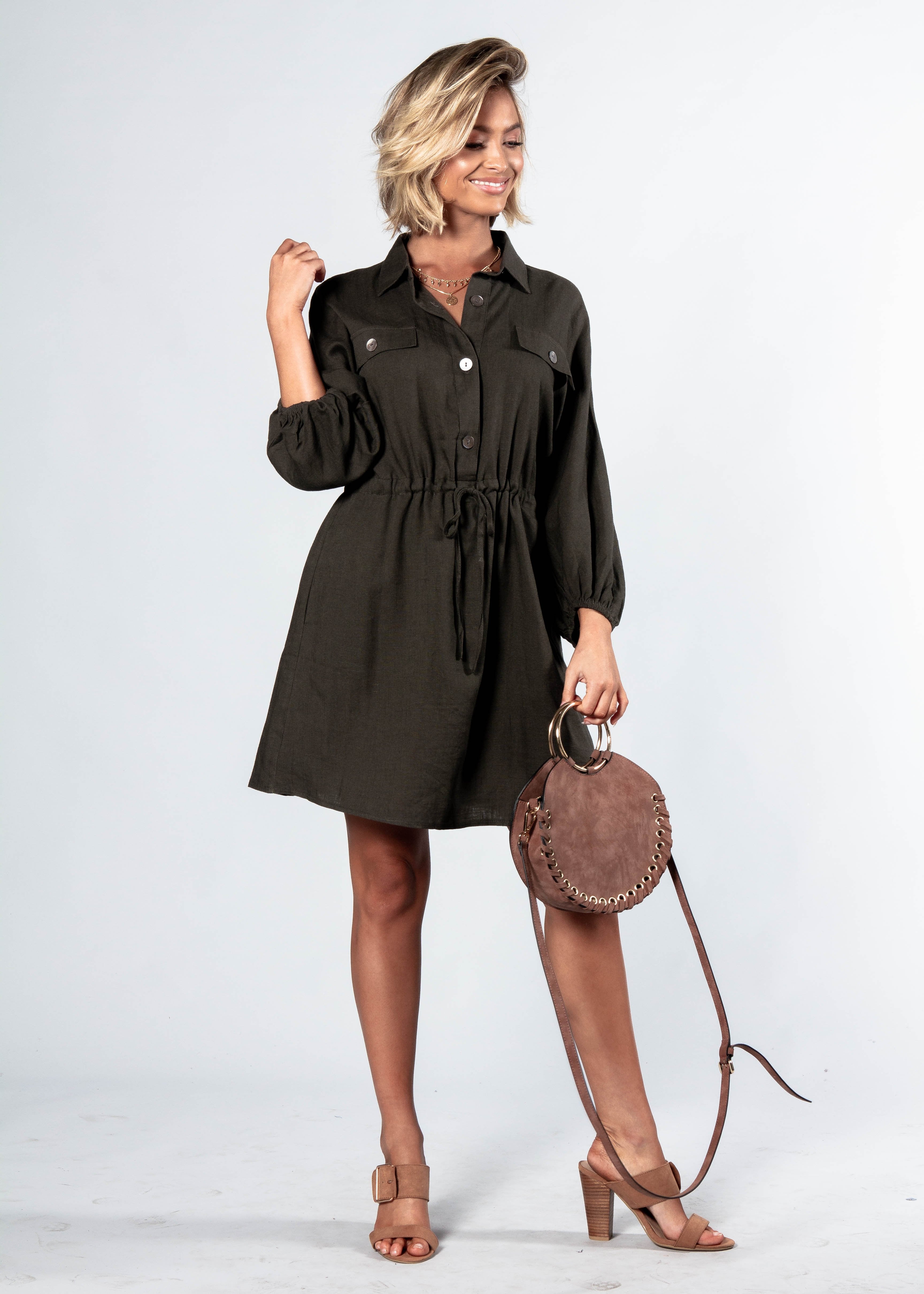 Lay Low Linen Tunic Dress - Dark Khaki