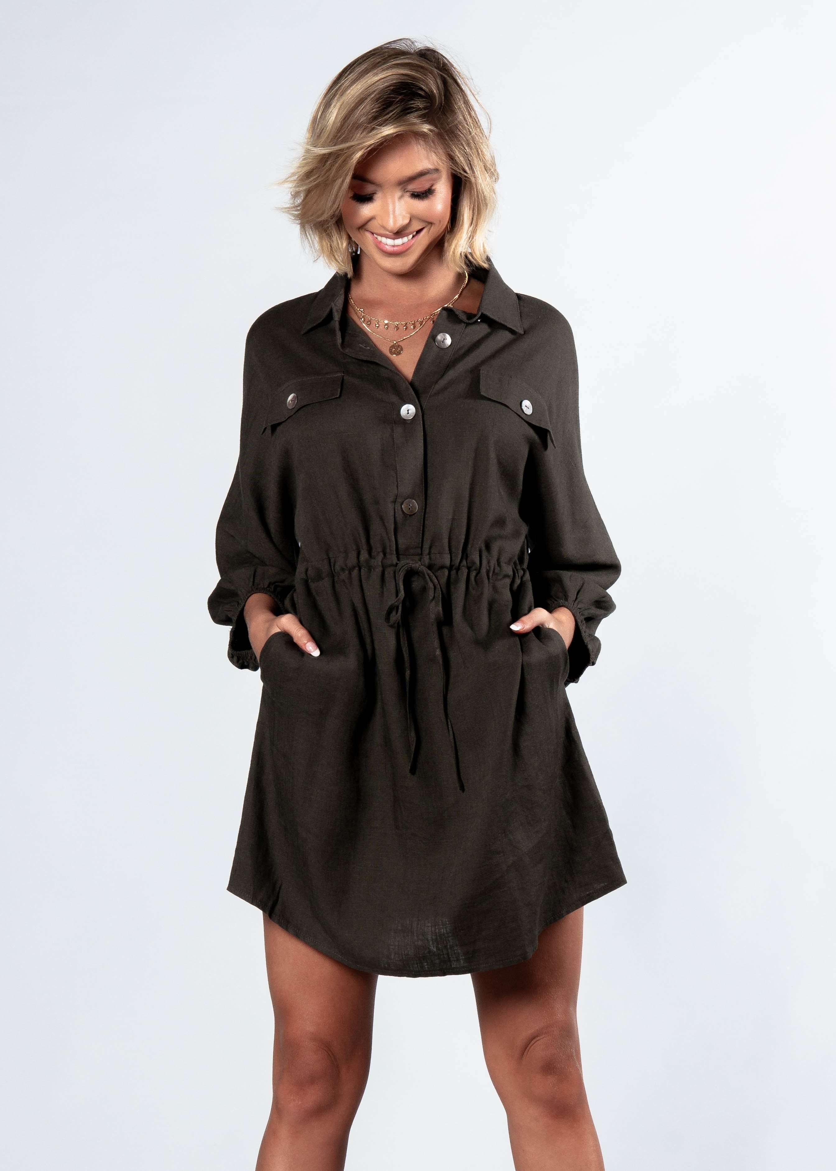 Lay Low Linen Tunic Dress - Dark Khaki