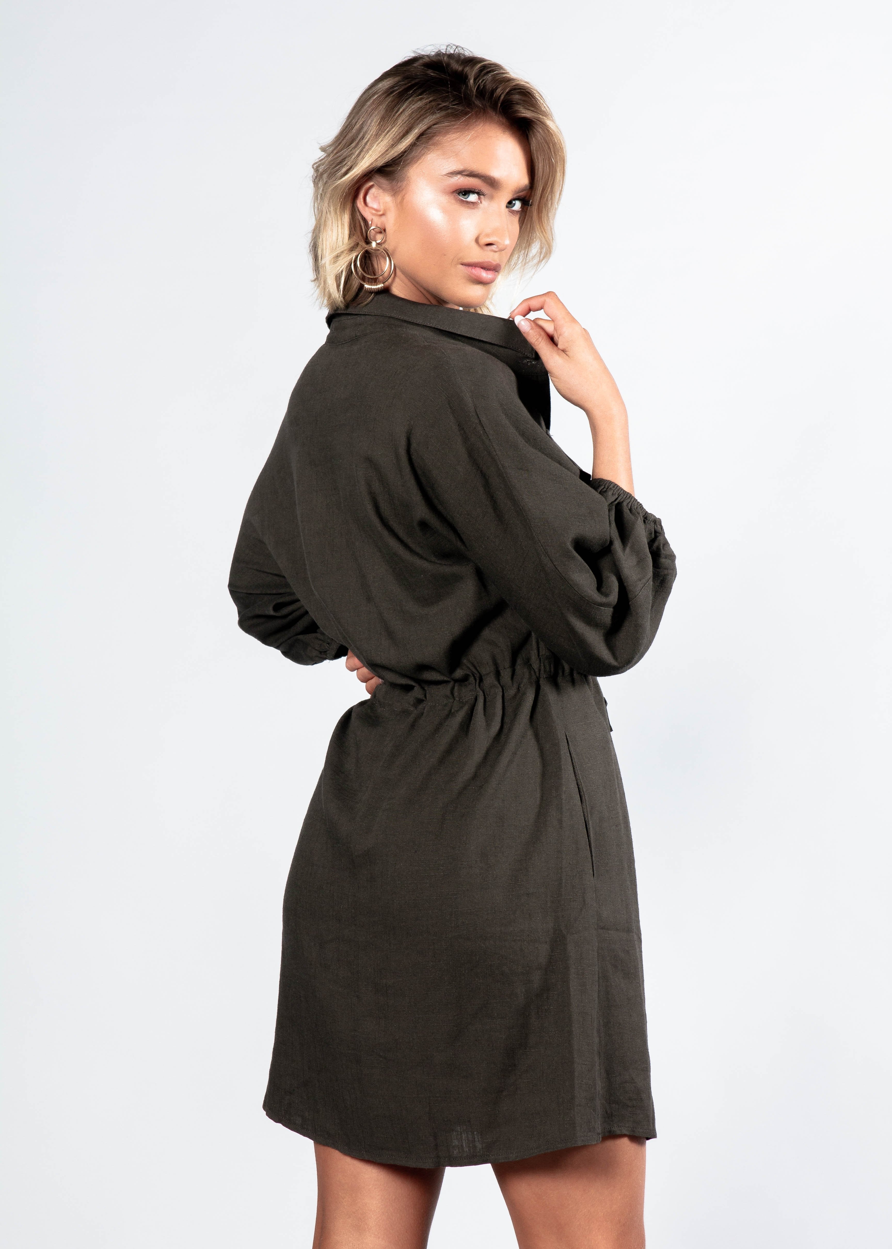Lay Low Linen Tunic Dress - Dark Khaki