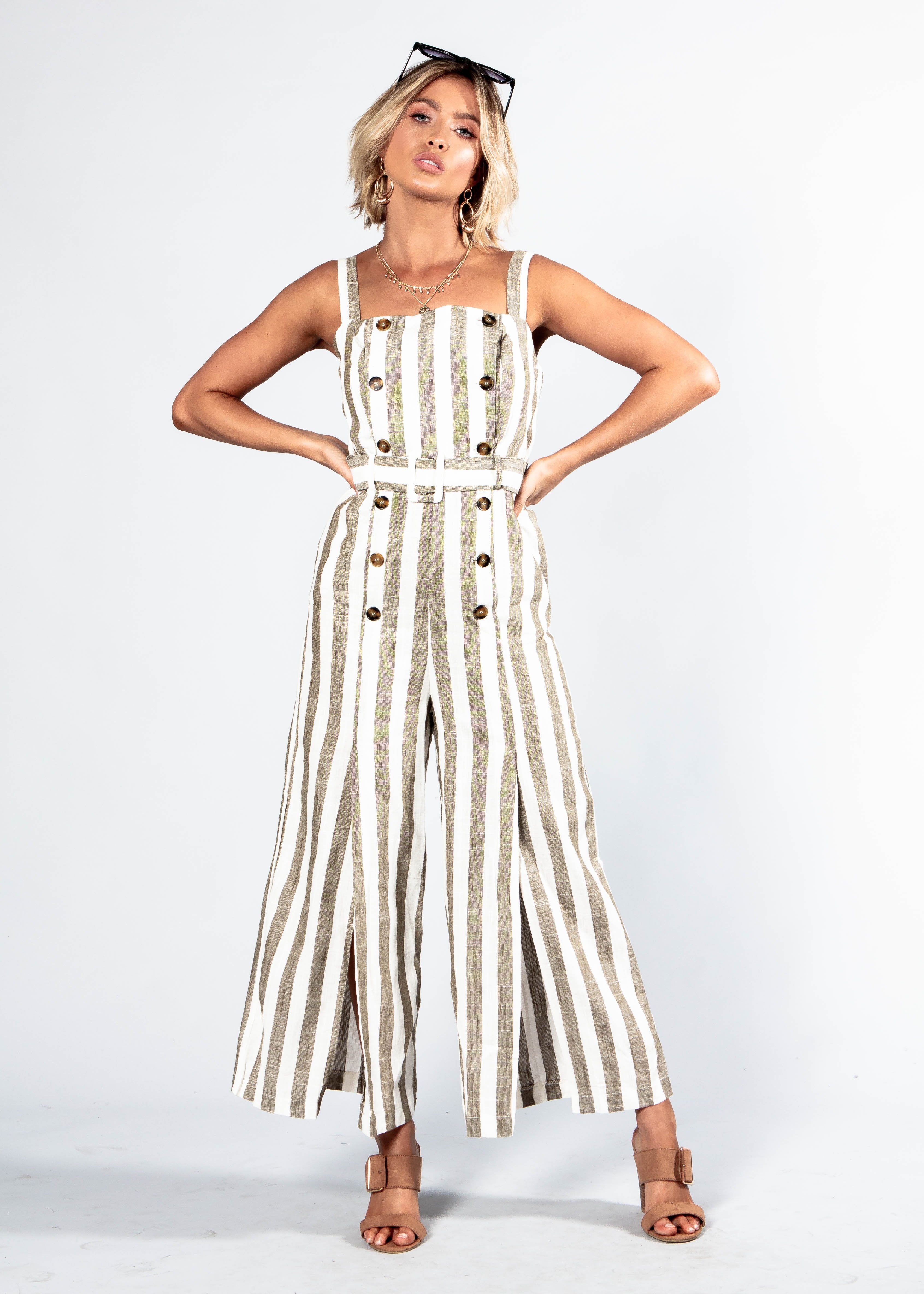 Avery Pantsuit w/ Belt - Khaki Stripe
