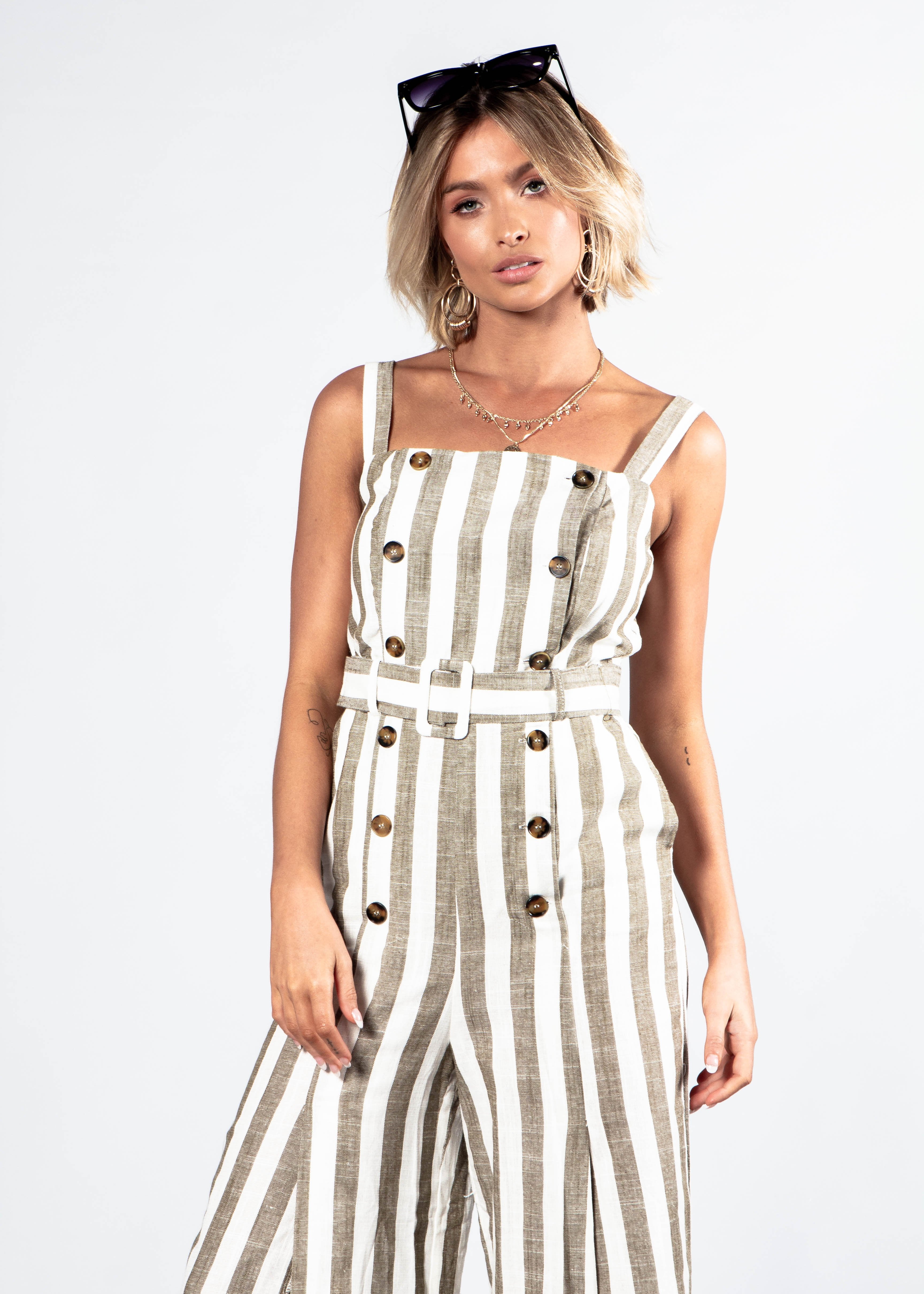 Avery Pantsuit w/ Belt - Khaki Stripe