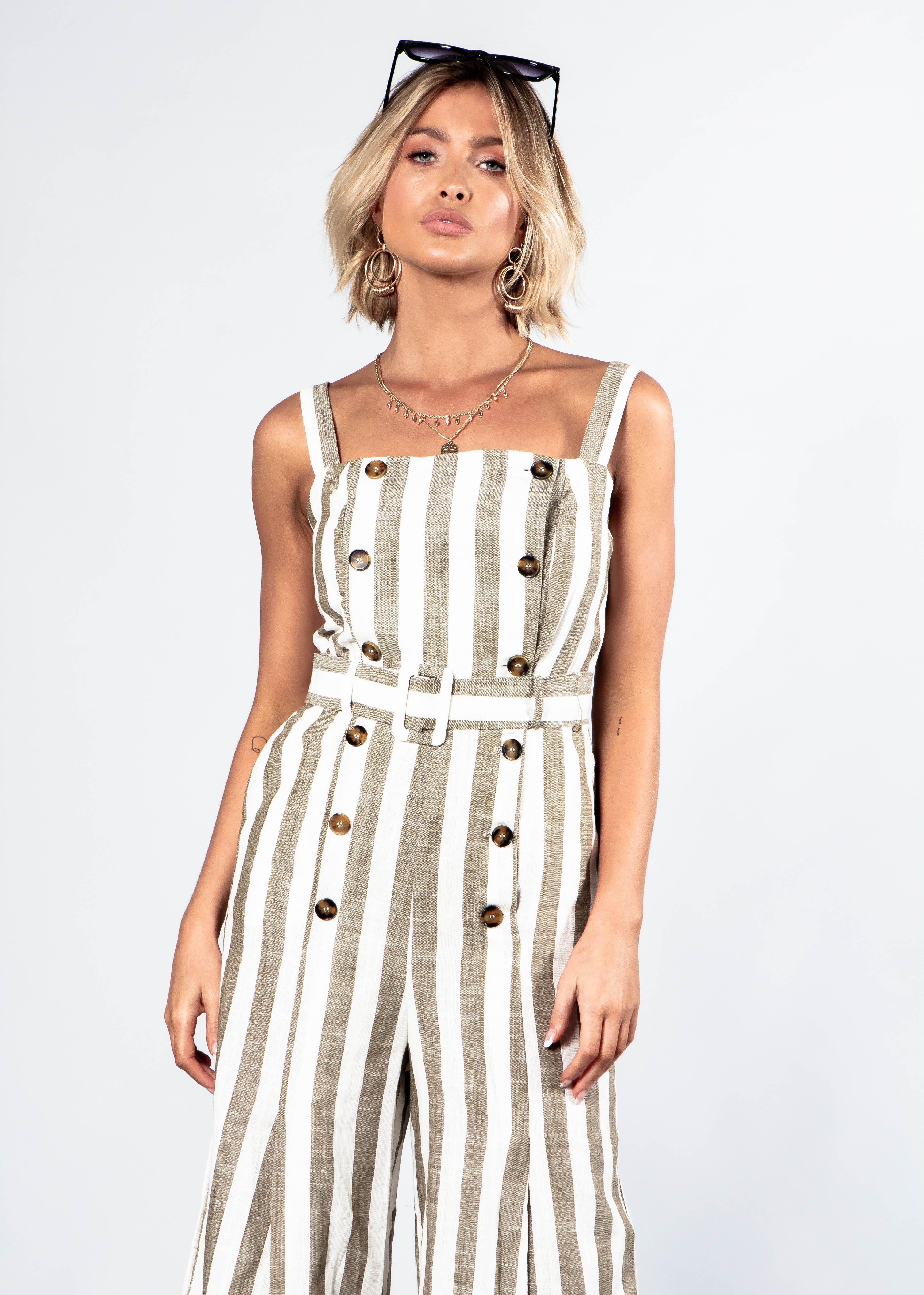 Avery Pantsuit w/ Belt - Khaki Stripe