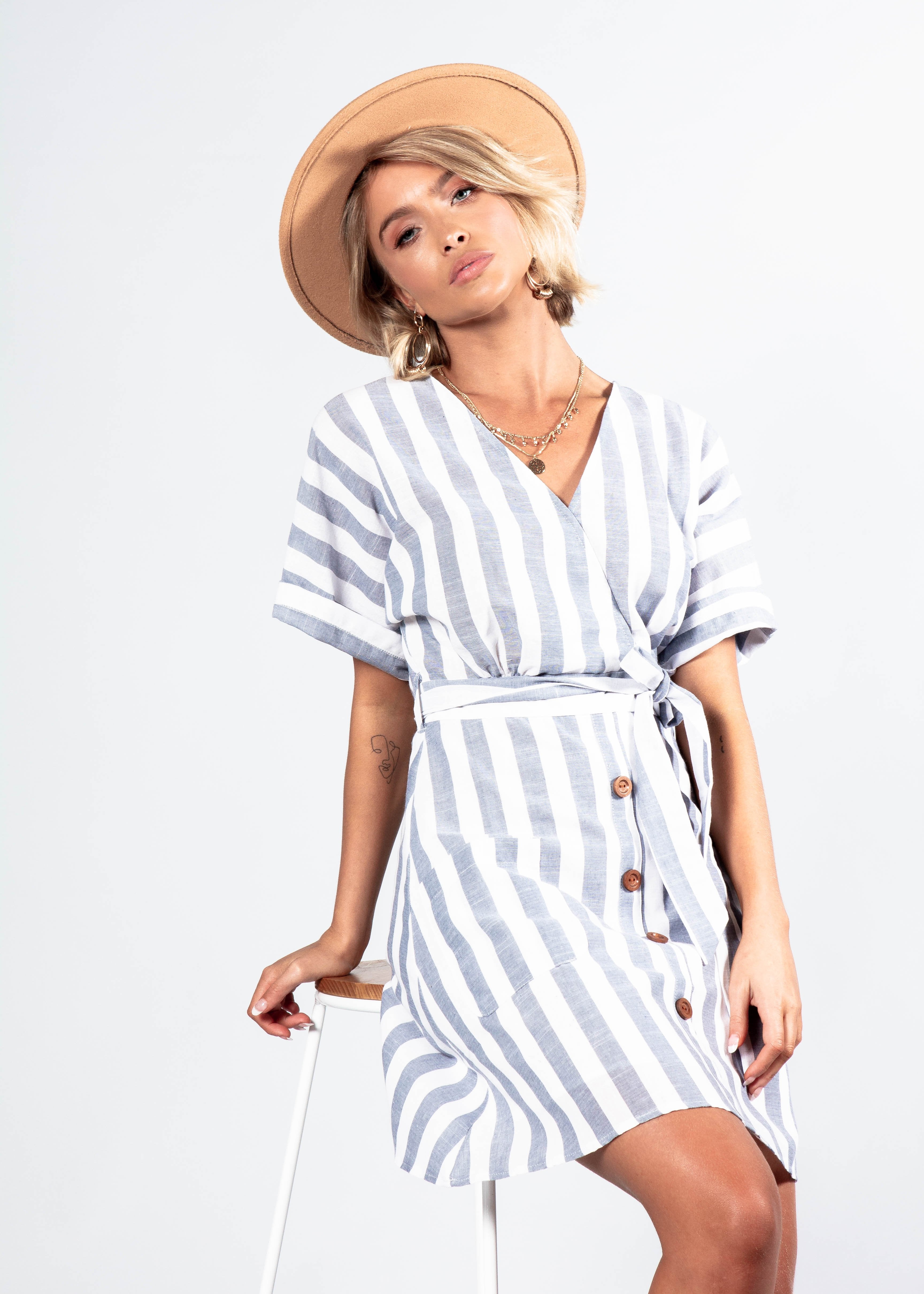 Reyna Dress w/ Tie - Blue Stripe