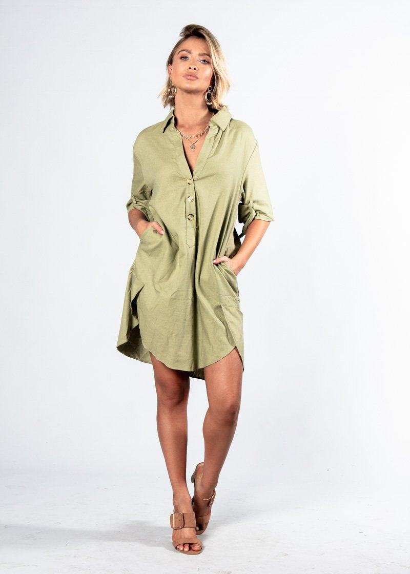 Camryn Linen Shirt Dress - Khaki