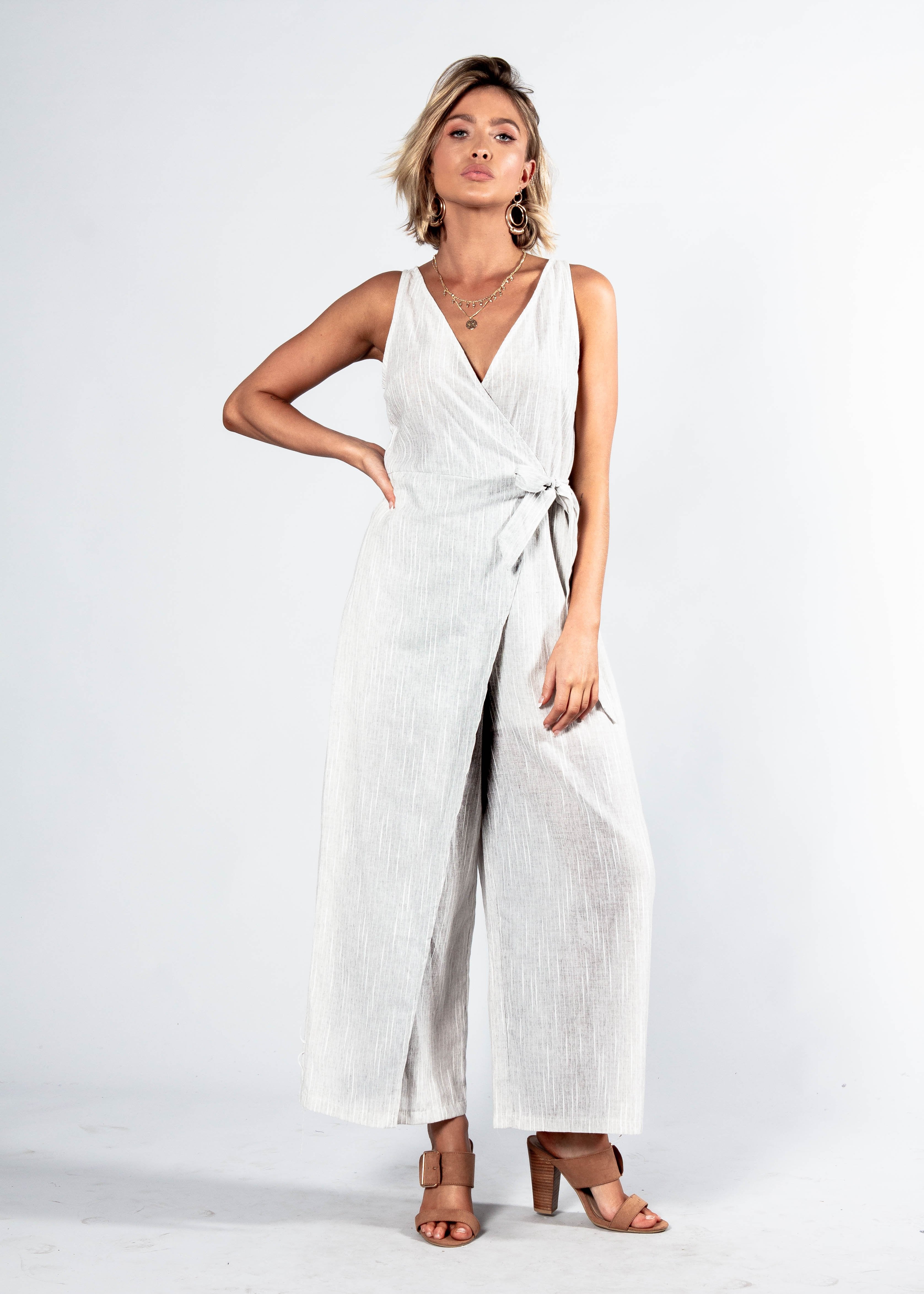 Maitland Tie Pantsuit - Grey Pinstripe
