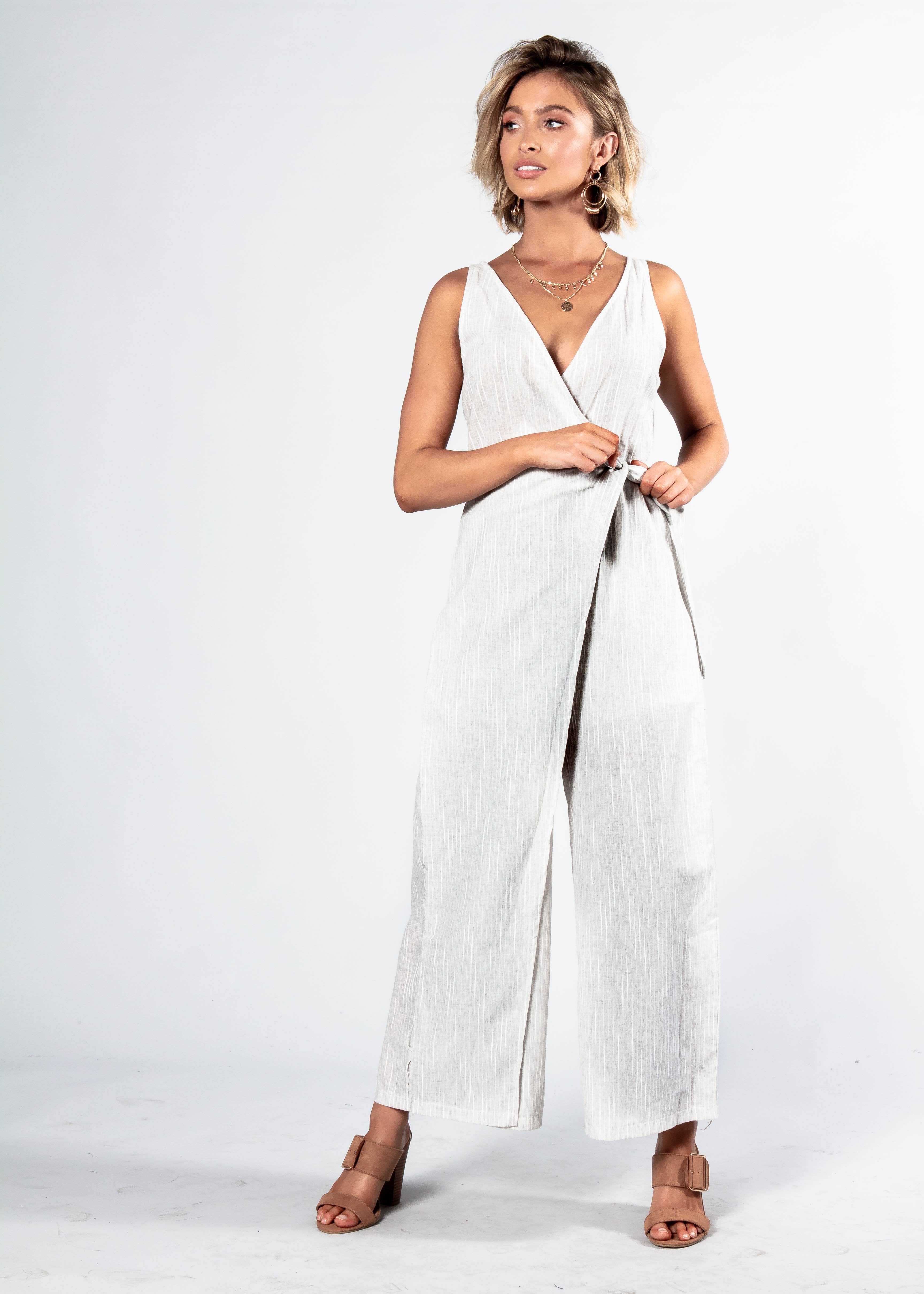 Maitland Tie Pantsuit - Grey Pinstripe